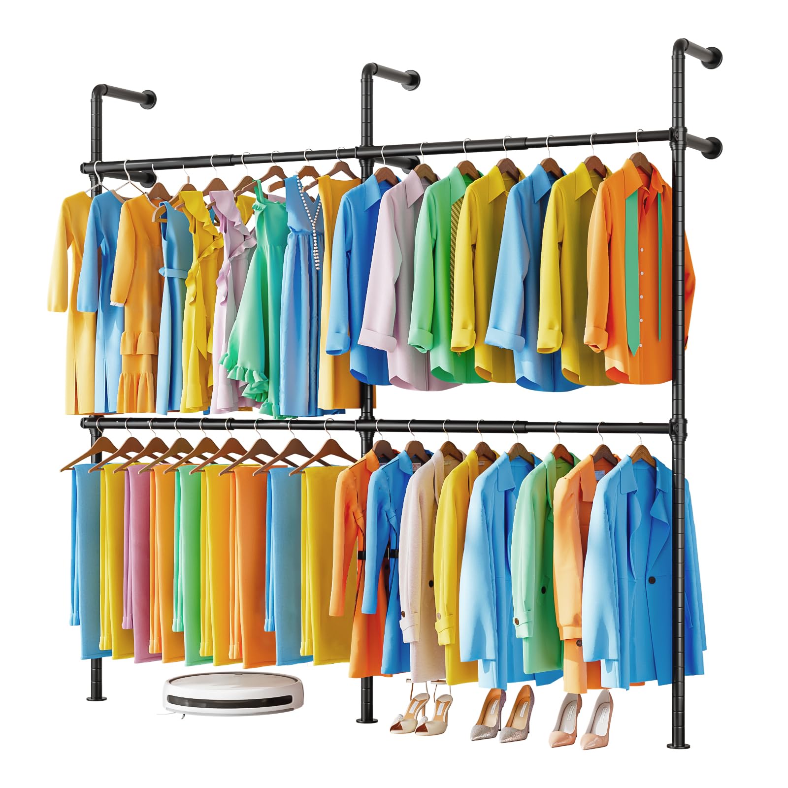 Perchero telescópico industrial para ropa, sistema de percha de pared con 4 barras, guardarropa, con tubo robusto, capacidad de carga 200 kg, 220x218 cm
