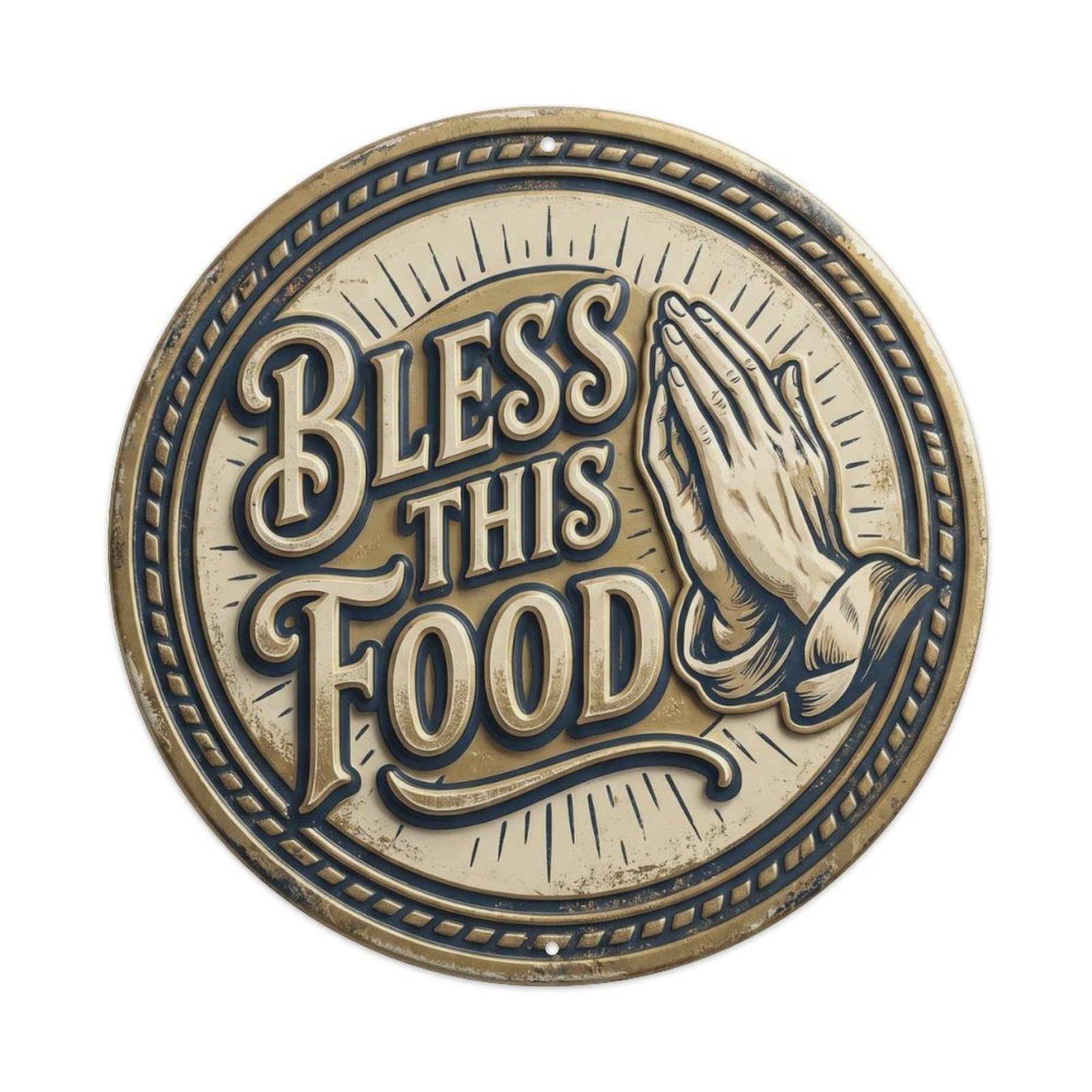 Bless This Food Kitchen Quote Positive Motto Rustic Style Metal Tin Sign Plaque Wall Decor for Cafe, Man Cave, Club Bar, Office, Home Garden Round Metal Poster 8x8Inch
