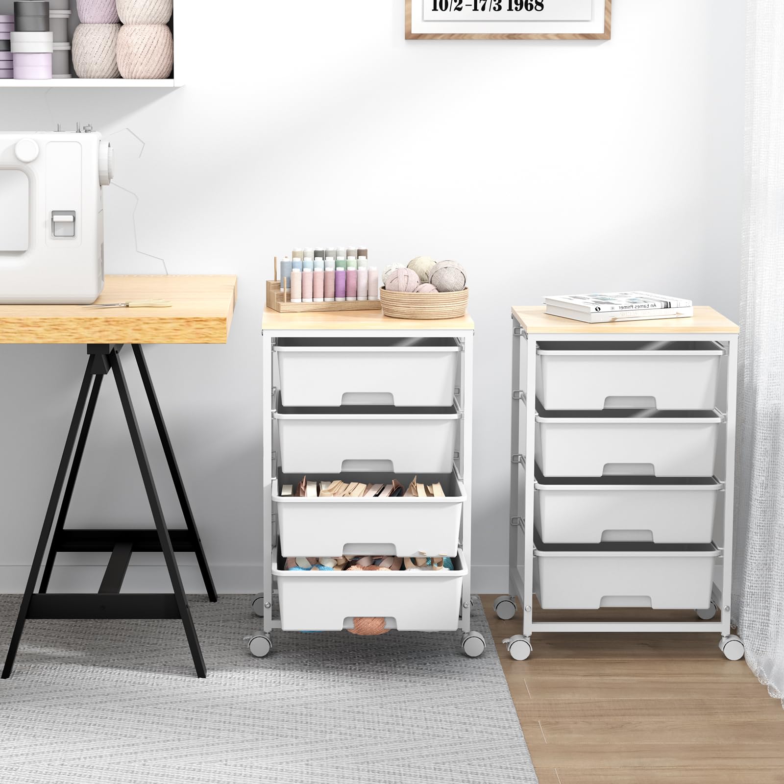 SYKIARIOL Carrello portaoggetti a 4 cassetti su ruote con piano tavolo in legno, per cucina, soggiorno, camera da letto, movimento semplice, grande capacità, 4 cassetti, bianco