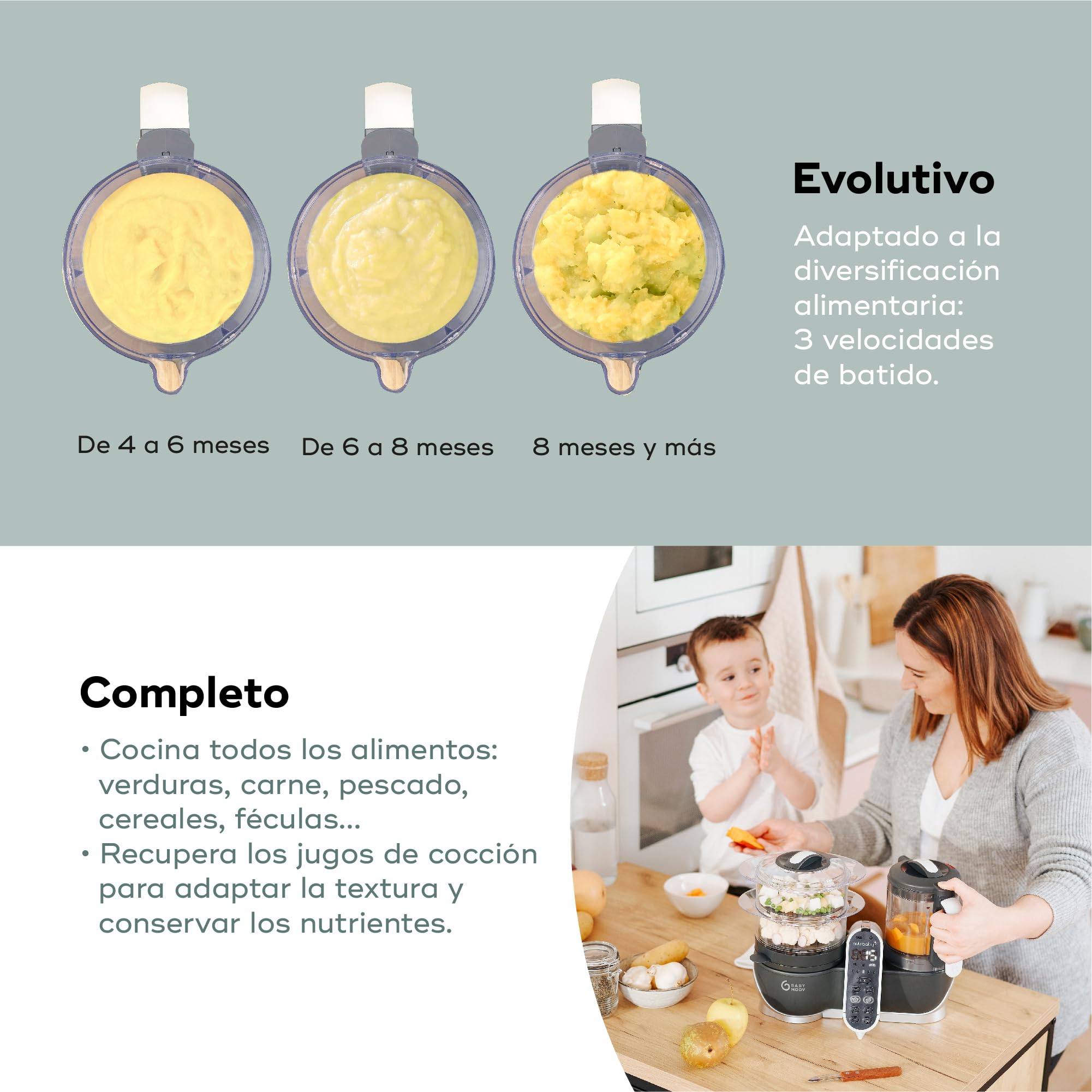Babymoov Nutribaby(+), Robot Multifunción 6 en 1, Vaporera, Batidora, Gran Capacidad para el Bebé, Óptimo para la Cocina por Lotes, Gris