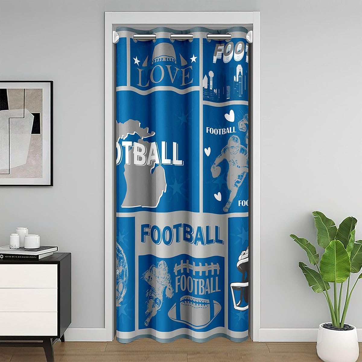 jejeloiu Football Door Curtain for Doorway Privacy 59x80 Inch 1 Panel Room Divider Curtain for Kids Boys Girls Rugby Sports Room Decor Football City Closet Cover Blue Gray