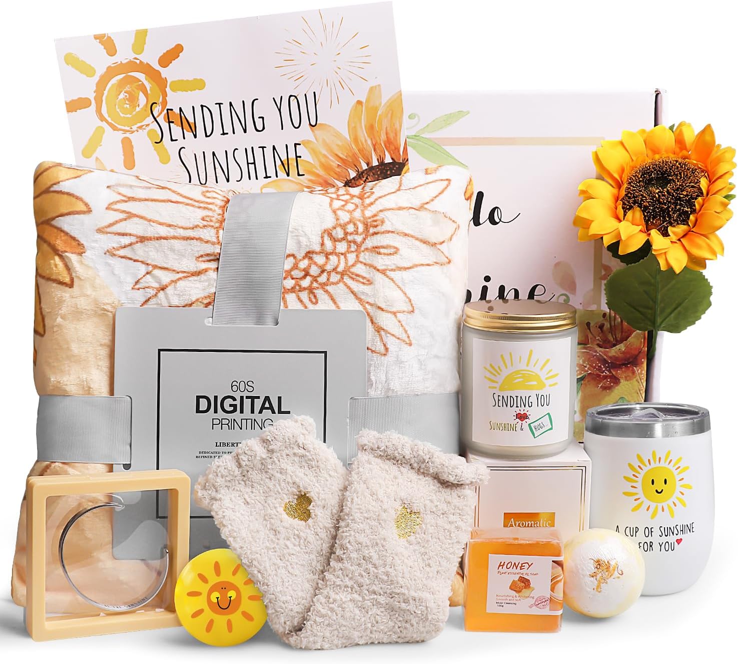 Get Well Soon Gifts for Women, 10pcs Care Package Unique Birthday Gifts for Women Sending Sunshine Box Sunflower Basket w/Inspirational Blanket Jar Candle for Thinking of You Sister Best Friend