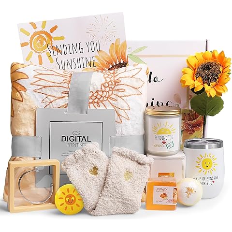 Get Well Soon Gifts for Women, 10pcs Care Package Unique Birthday Gifts for Women Sending Sunshine Box Sunflower Basket w/Inspirational Blanket Jar Candle for Thinking of You Sister Best Friend