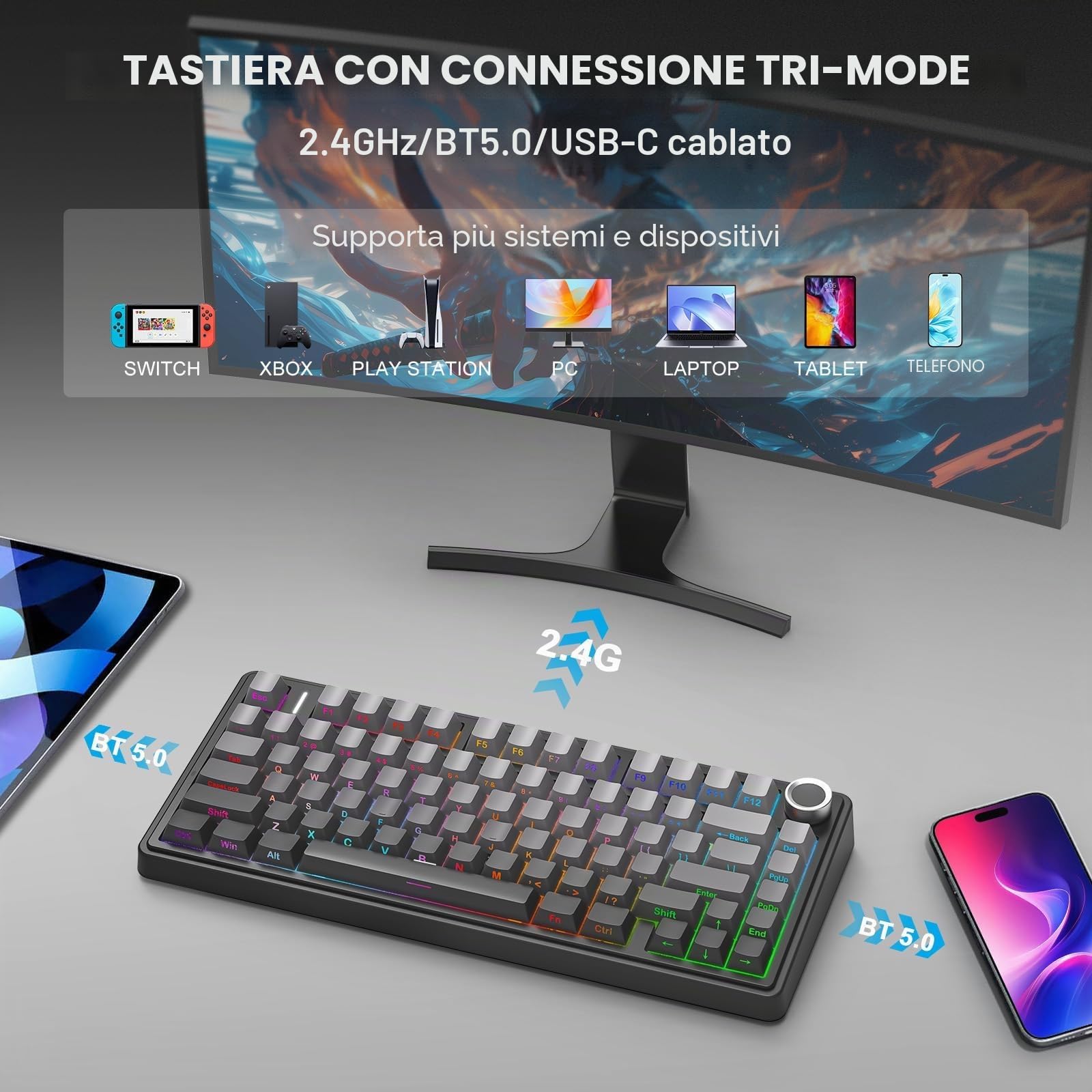 TZMRIT Tastiera meccanica da gioco F75 MAX 2,4 GHz/Type-C/BT5.0 sans-fil incisione lateralestruttura a molla a gashot-swap RGB