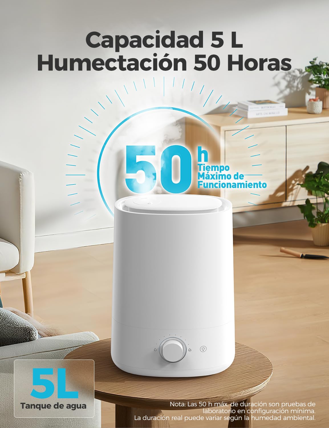 AROEVE Humidificador 5L, Nebulización Ultrasónica Fría con Difusor de Aceites Esenciales, Boquilla 360°, Luz Nocturna 28dB, 50H de Duración, para Habitación de Bebé, Plantas