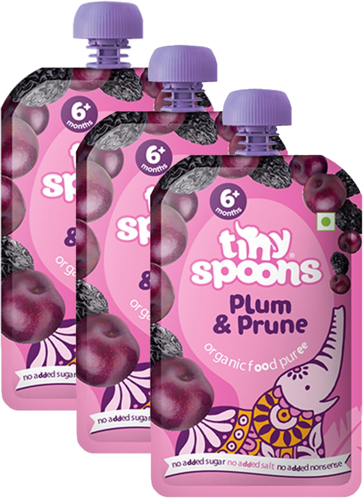 Tiny Spoons 100% EU Certified Organic Baby Food Puree - 6 Months+ with Plums and Prunes (Dried Plums) 120 Grams Each (Pack of 3)