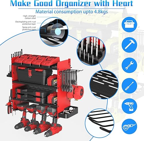 Miniatura 3 de ZEAKOC Estante de almacenamiento de acero al carbono, estante de herramientas resistente de 4 capas, 4 estantes de taladro inalámbricos, montaje en