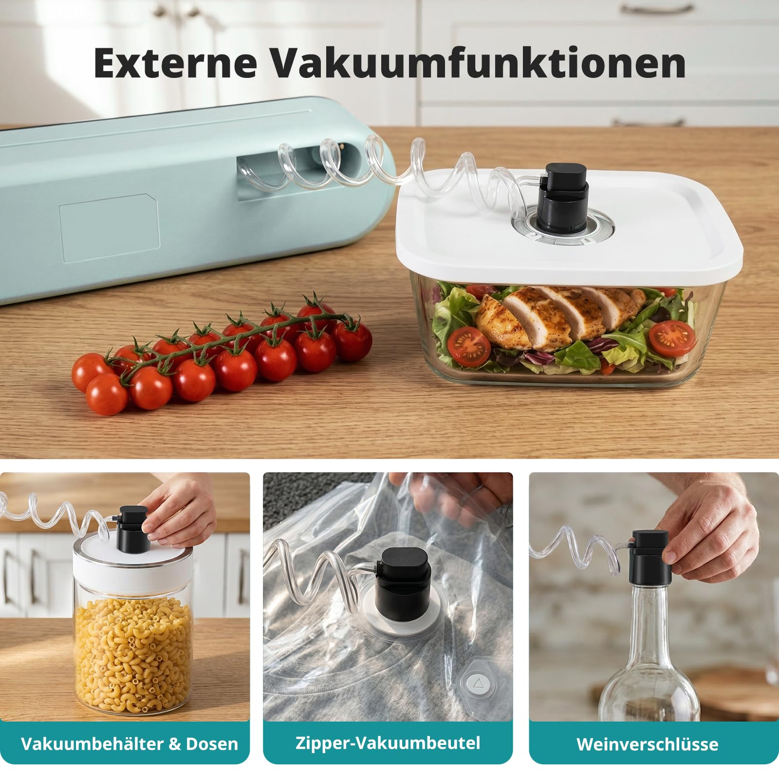 AIRMSEN 6-in-1 Vakuumiergerät Vollautomatisch mit Aufblasfunktion, Leistungsstarke Tiefenabsaugung, Einhand-Bedienung mit Cutter & Schlauchaufbewahrung, Starter-Kit, Mintgrün