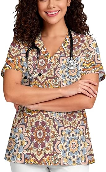 Womens V-Neck Scrub Top, 2 Pockets, Moisture-Wicking Cute Medical Nurse Working Uniforms Short Sleeve Shirts