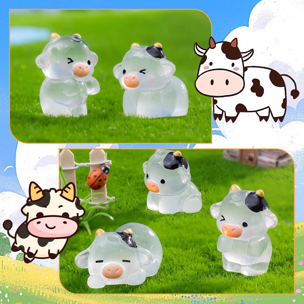 6Pcs Mini Cow Figurines Tiny Resin Luminous Animals Cute Mini Resin Figures Little Plastic Animals Figures Miniature Animal Mini Figures for DIY Car Dash Cake Toppers Fairy Garden Landscape Dollhouse - Image 3
