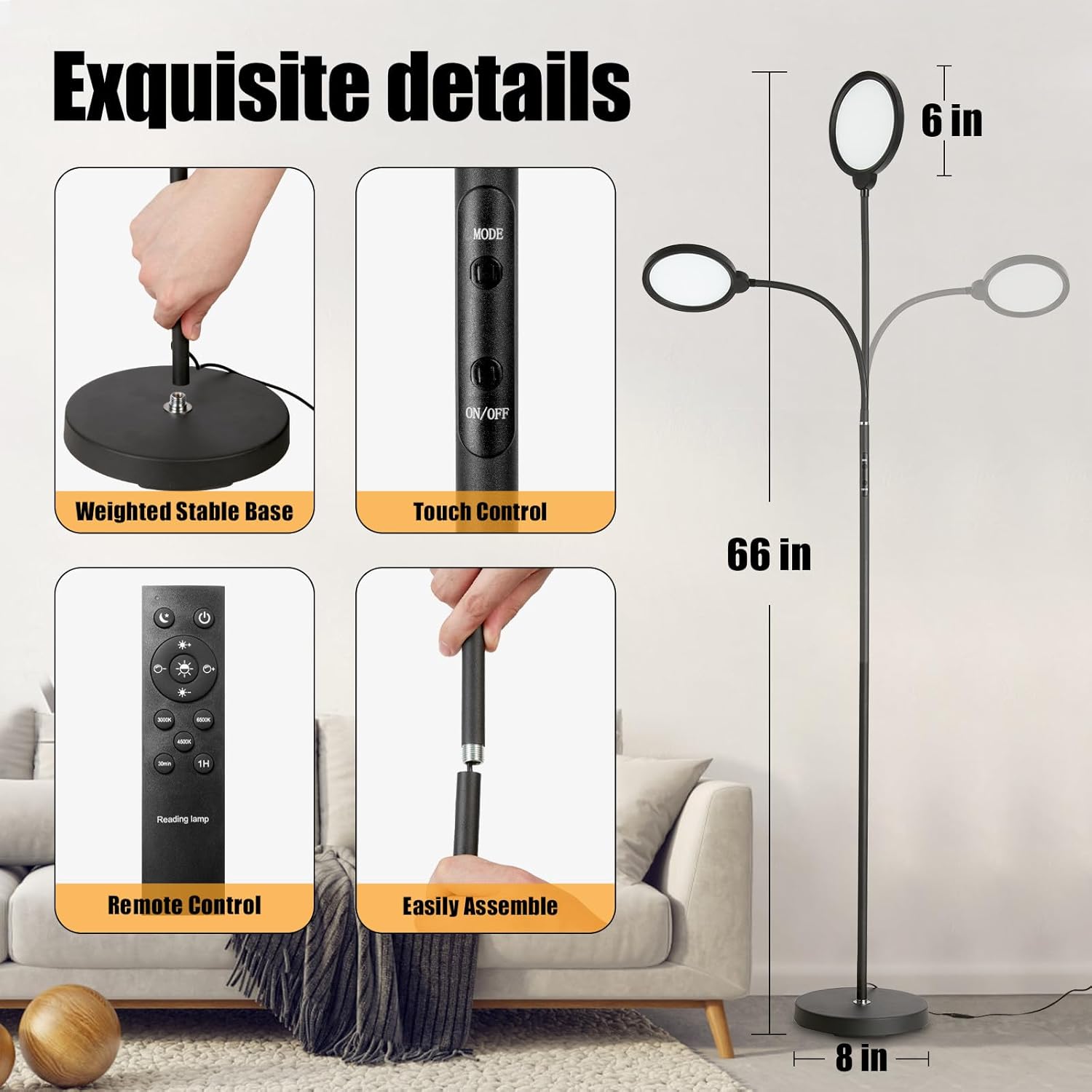 LED Floor Lamp, Reading Light, Bright Modern Tall Lamp, 3 Color Temperatures & Brightness, Adjustable Gooseneck Standing Lamp with Remote & Touch Control for Living Room, Bedroom, Office