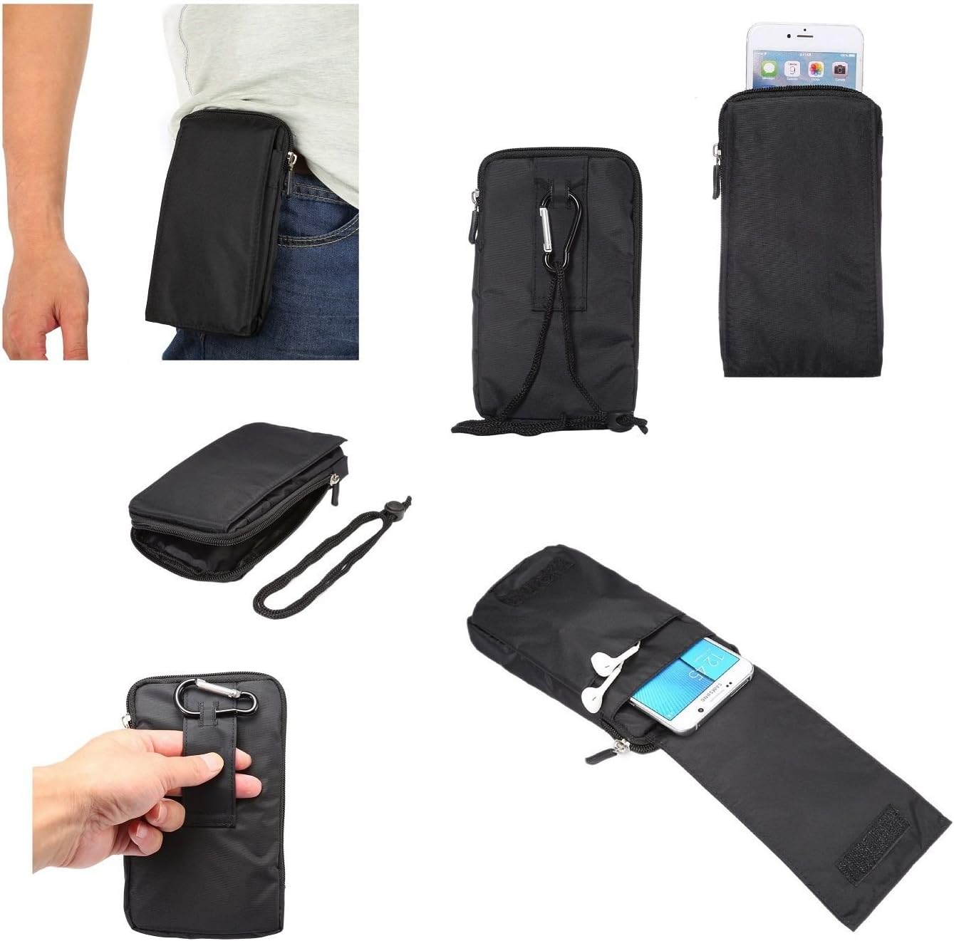 DFV mobile - Multi-functional Universal Vertical Stripes Pouch Bag Case Zipper Closing Carabiner for LENOVO PB2-670N PHAB 2 PLUS (2016) - BLACK XXM (18 x 10 cm)