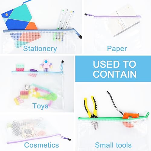 Miniatura 6 de 30 bolsas de malla con cremallera, bolsas impermeables tamaño A4, con 10 colores, para organizar suministros de oficina, juegos de mesa,