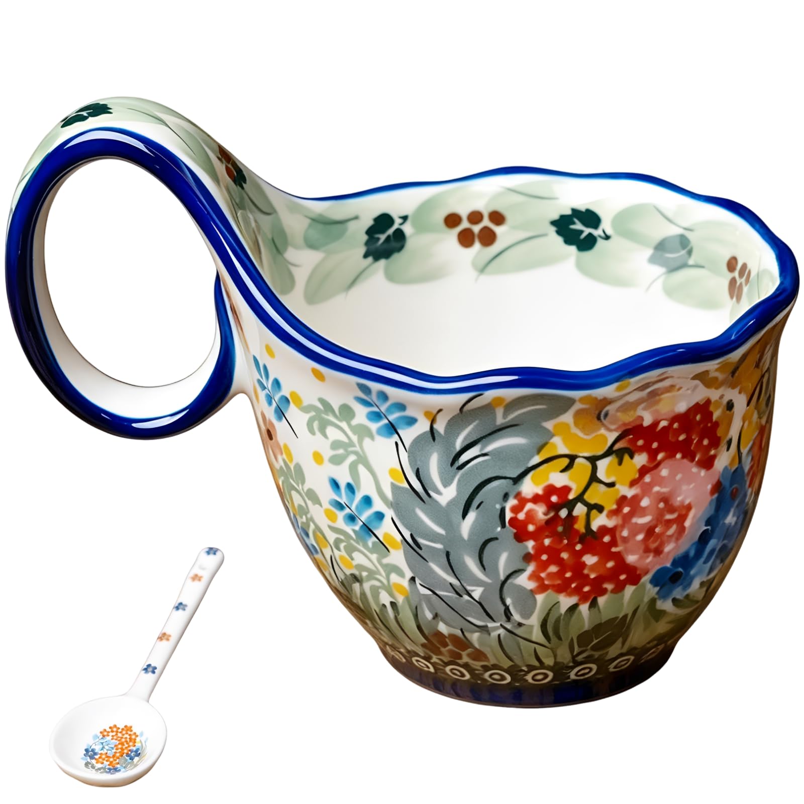 Keramiktasse mit geschwungenem Griff und Löffel, mehrfarbig, handbemaltes Blumenmuster, dekorative Schale für Frühstück, Haferflocken und Kaffee, mikrowellengeeignet, Geschenkidee