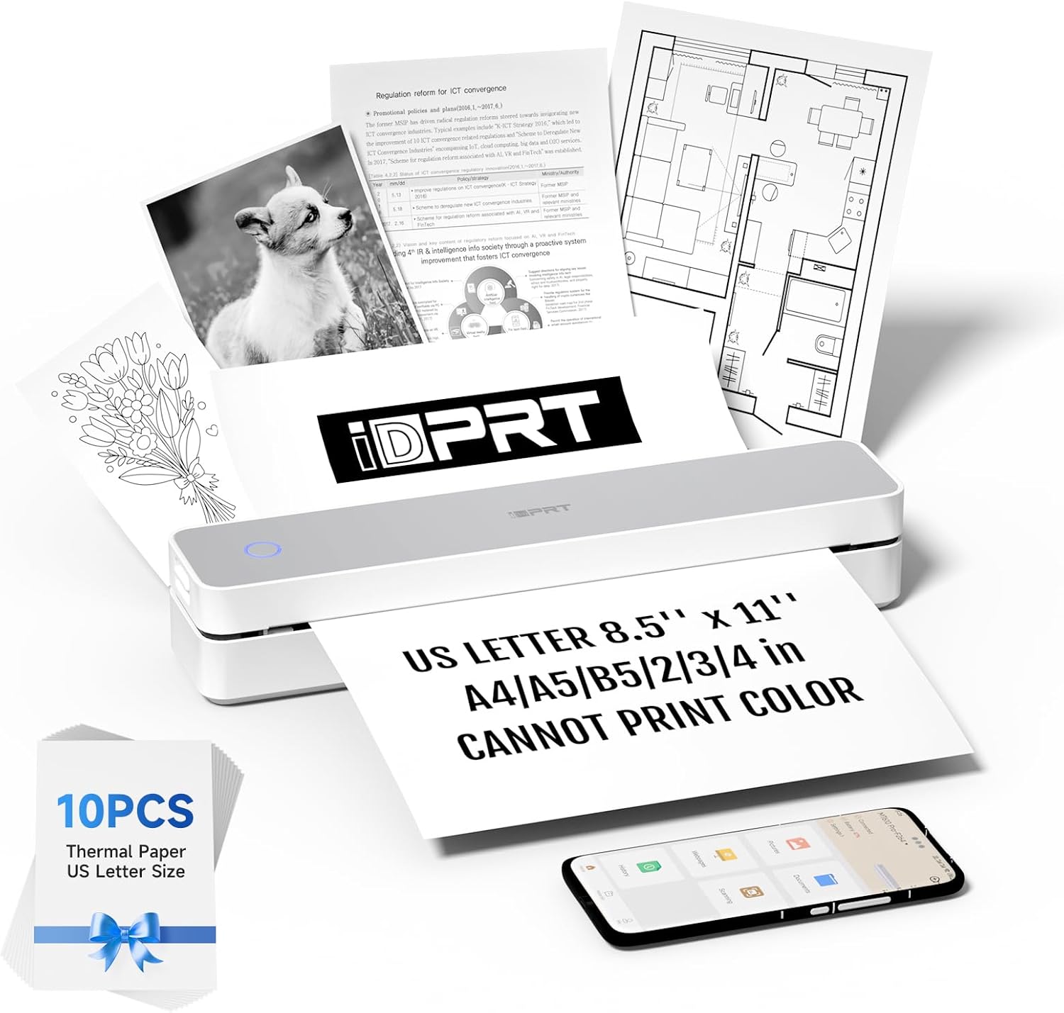 iDPRT Portable Printer Wireless for Travel, 300DPI Bluetooth Thermal Printer Support for 8.5"x11" US Letter, Inkless Compatible with iOS, Android, Laptop for Office, Car and Home, School (Renewed)