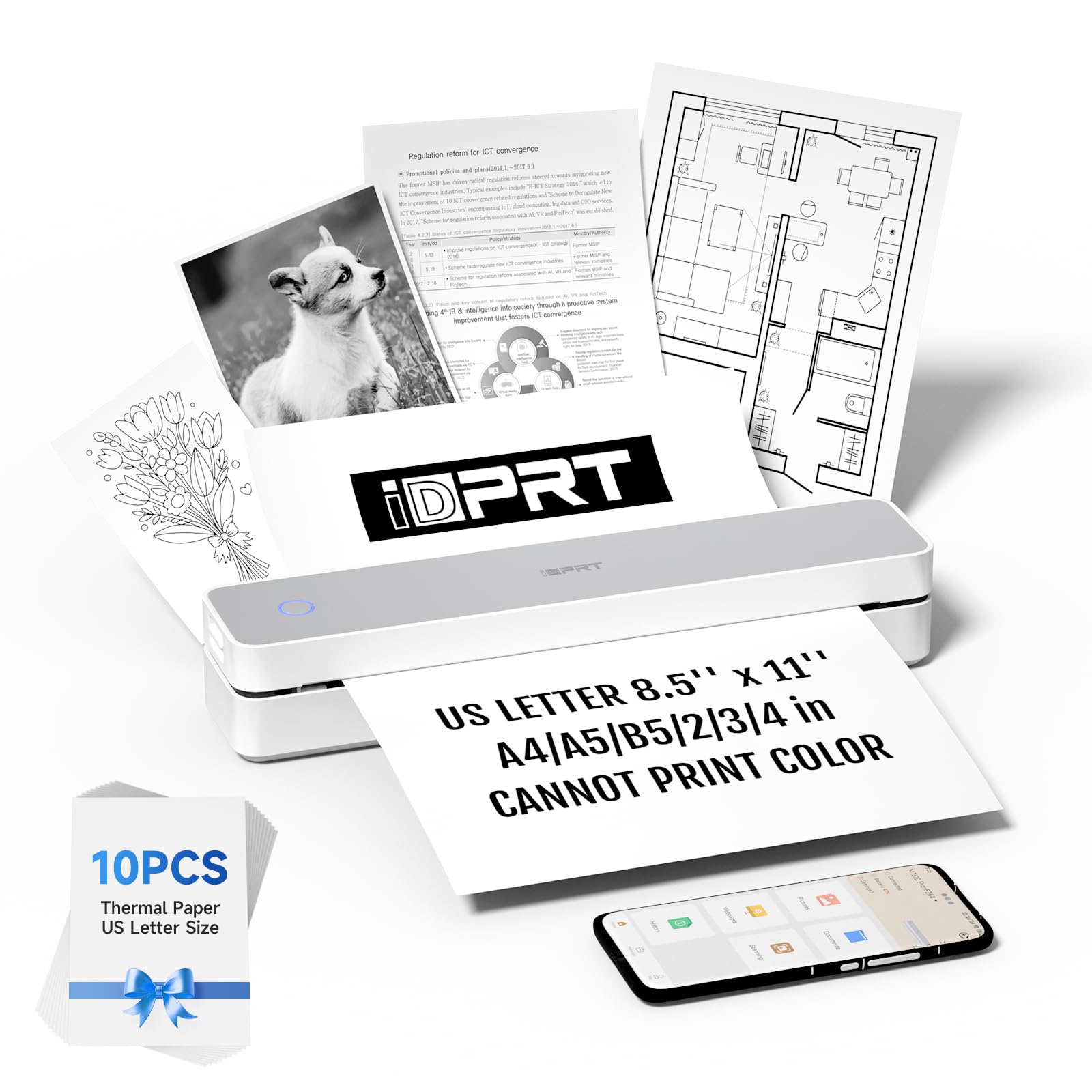 iDPRT Portable Printer Wireless for Travel - Bluetooth Mobile Printer Support for 8.5"x11" US Letter, Inkless Compatible with iOS, Android, Laptop for