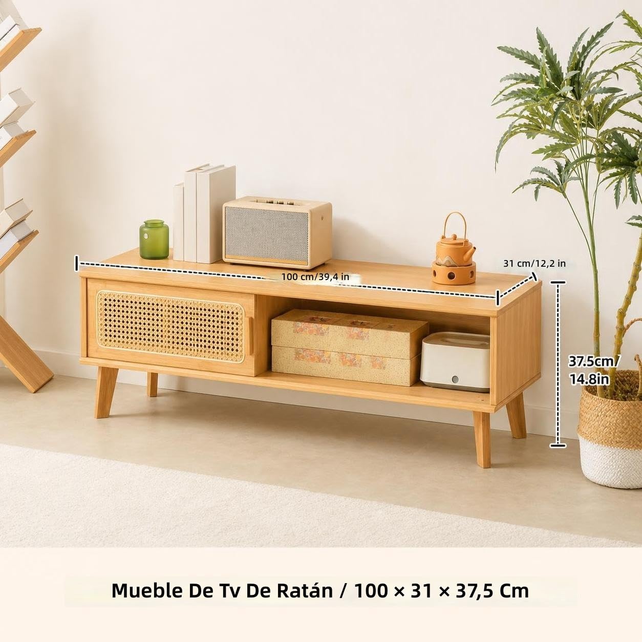 Set Tavolino da Salotto e Mobile TV Stile Giapponese, Mobile Basso con Ante Scorrevoli Intrecciate in Rattan per Piccoli Spazi