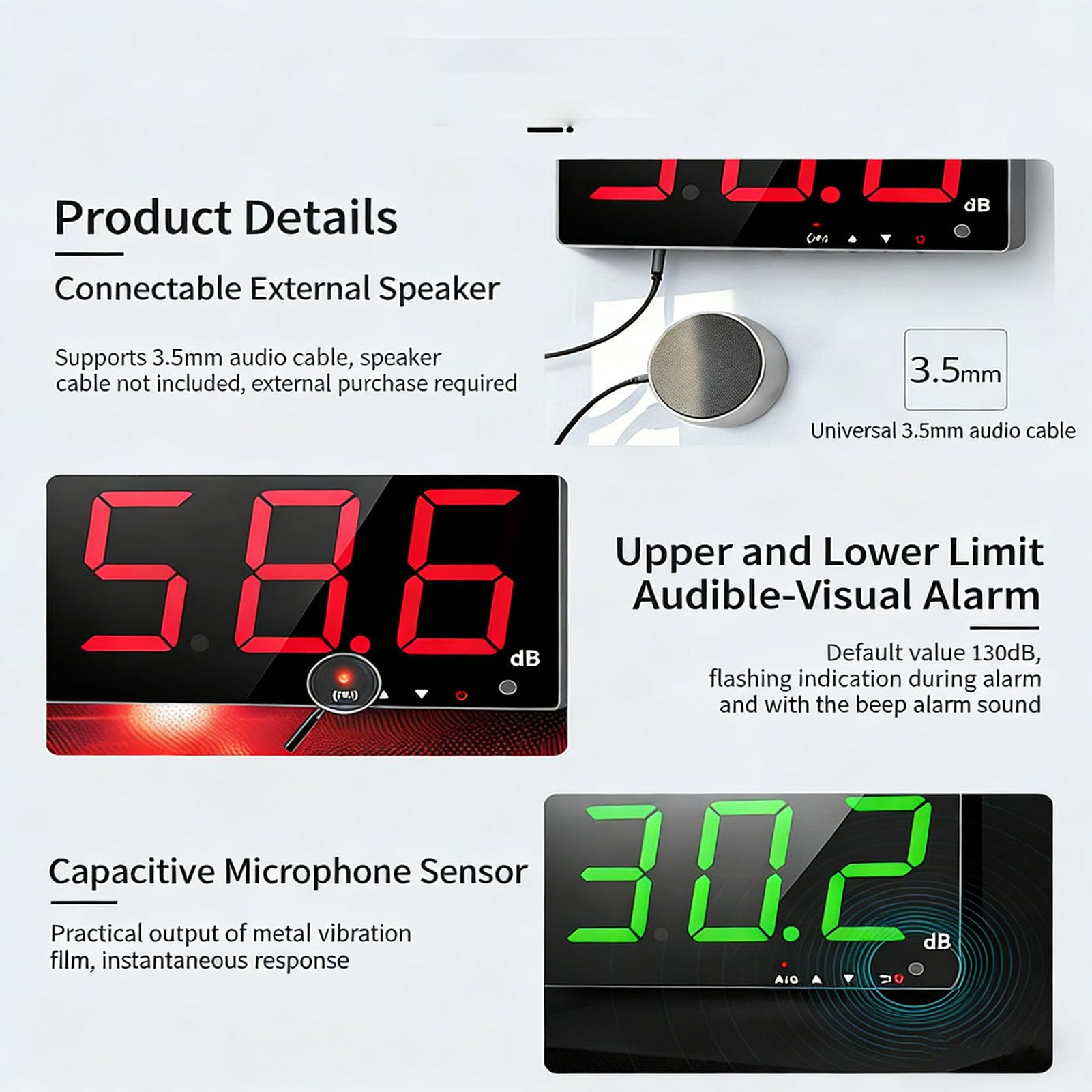 Fafeicy Medidor de Nivel de Sonido con Pantalla LCD de 3 Pulgadas, Probador Digital de Decibelios Medidor de Ruido de Montaje en Pared, Rango de 30-130 DB Probador de Ruido Digital con
