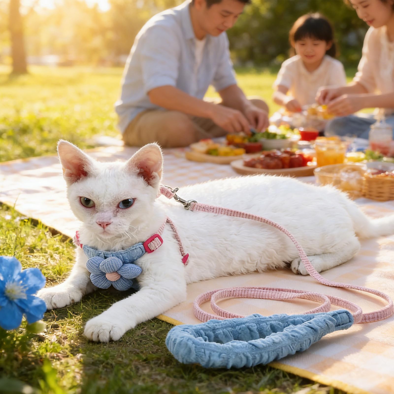 Katzengeschirr und Leine, Set mit Blumenmuster, H-Stil, niedlich, verstellbar, weich, ausbruchsicher, für Spaziergänge, kleine Hunde und Katzen, Beige und Braun