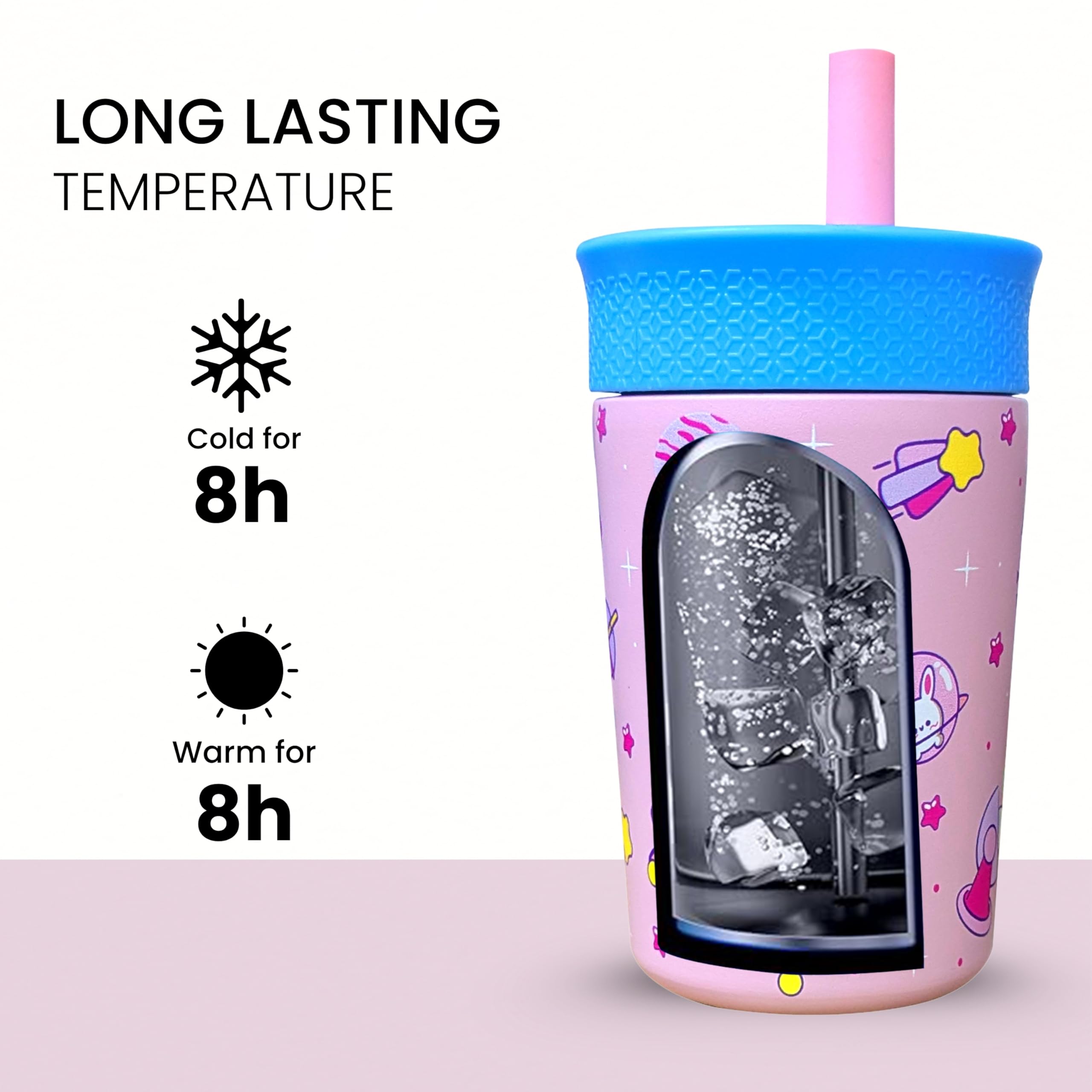 ONE AND ONLY Tumbler with Straw Lid Mug Triple Layer Vacuum Insulated Flask Hot and Cold Water Bottle Stainless Steel and Silicon Sipper Leakproof Sipper Water Bottle for Kids 350ml (Pink) - Image 3 thumbnail