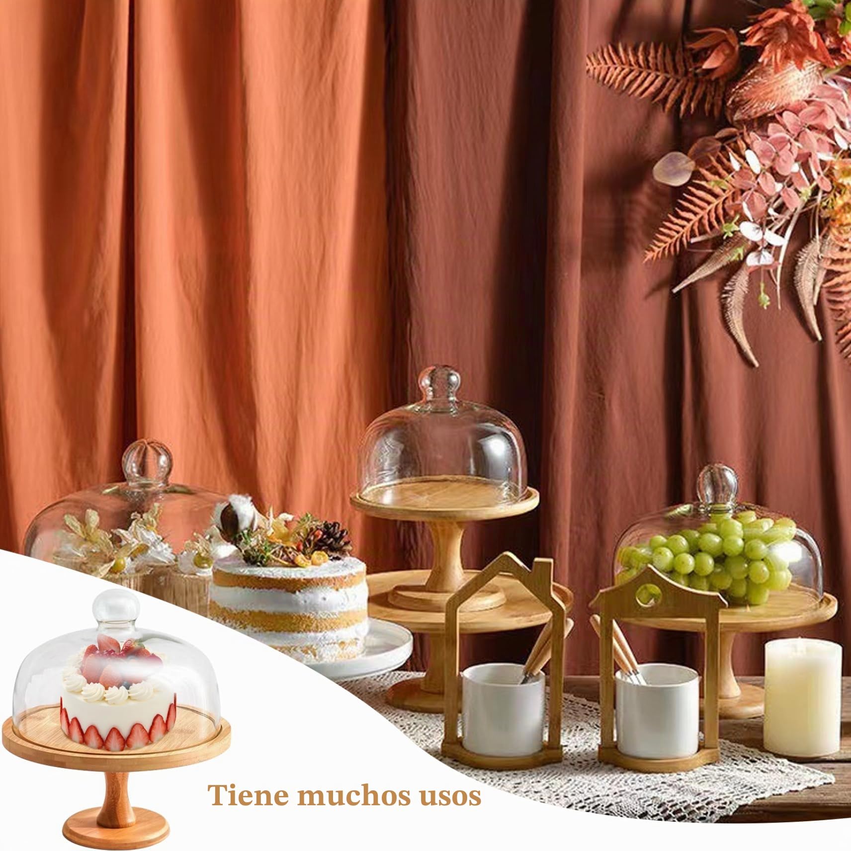Soporte para tartas con tapa, cubierta de madera desmontable para tartas, platos multifuncionales para cupcakes, para fiestas, postres, quesos, frutas y almacenamiento