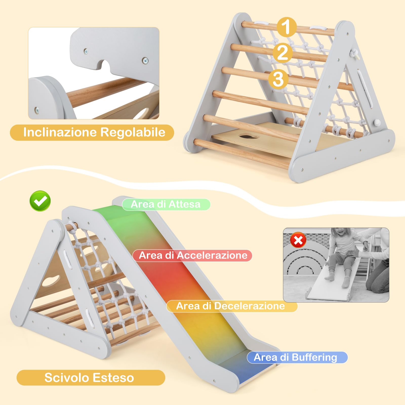 RELAX4LIFE 4 en 1 Trepa Triángulo de Madera con Rampa, Red de Escalada, Escalera y Tablero, Escalada Triángulo Infantil con Tobogán para Sala de Estar, Habitación de Niños, Guardería (Gris)