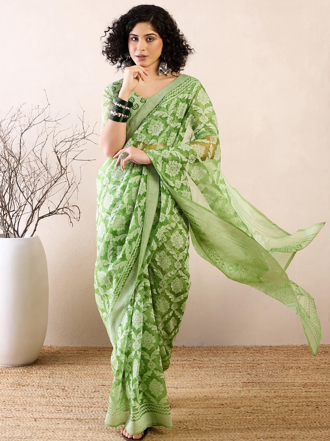SAREE MALL Women's Green Brasso Floral Printed Ready To Wear one Minute Saree With Unstitched Blouse (RTWMSKR01E_HS) 3