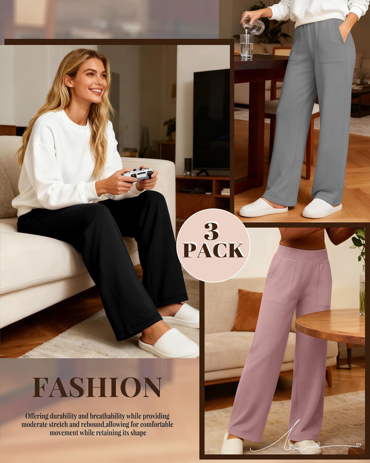 3 Pack Women's Wide Leg Lounge Pants Baggy High Waisted Yoga Joggers Cozy Sweatpants with 4 Pockets - Image 4