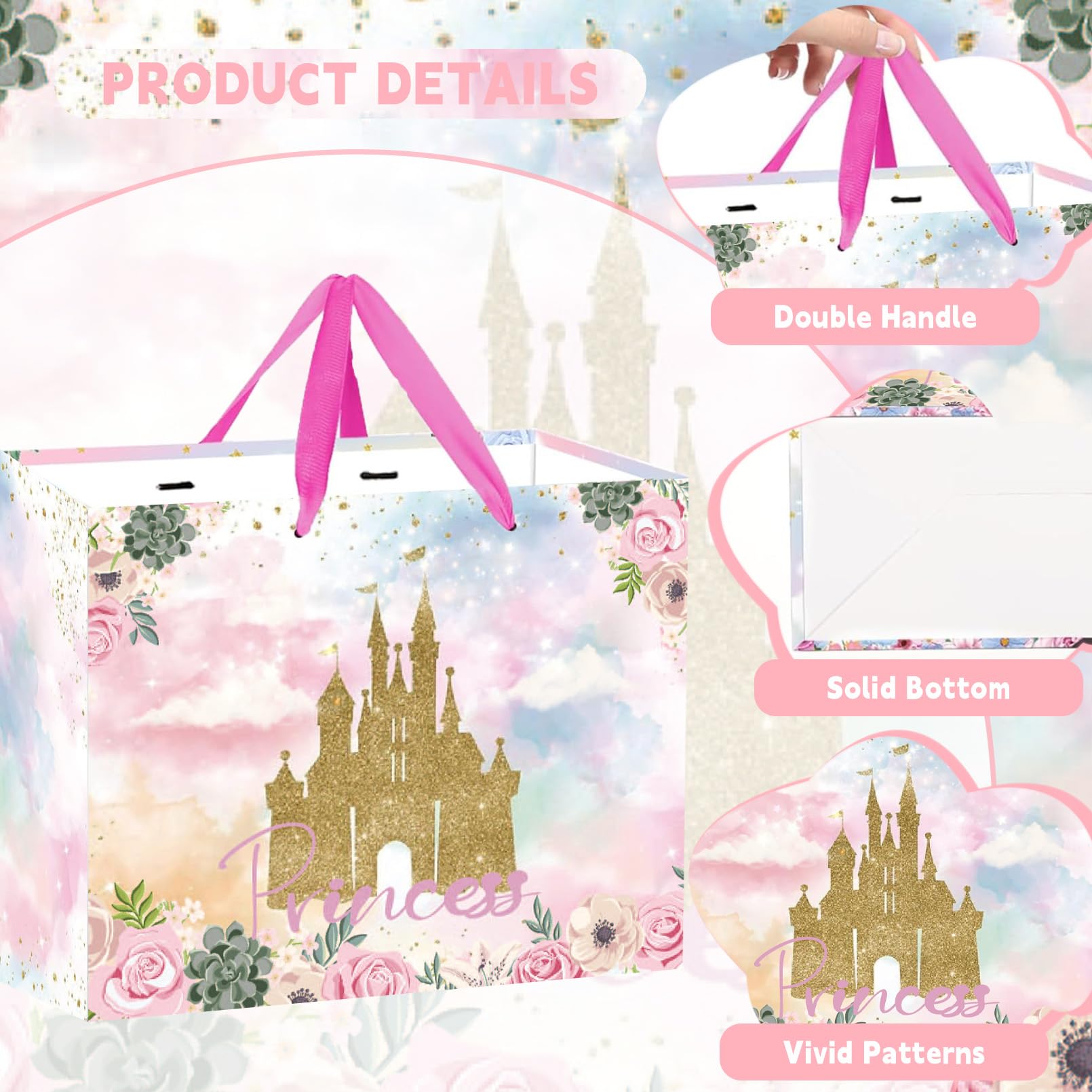Large Princess Gift Bag Princess Castle Party Favor Bag with Tissue Paper and Cards Princess Candy Goodie Bags Prince Princess Treat Gift Wrapping Paper Bags for Girl Birthday Party Decorations