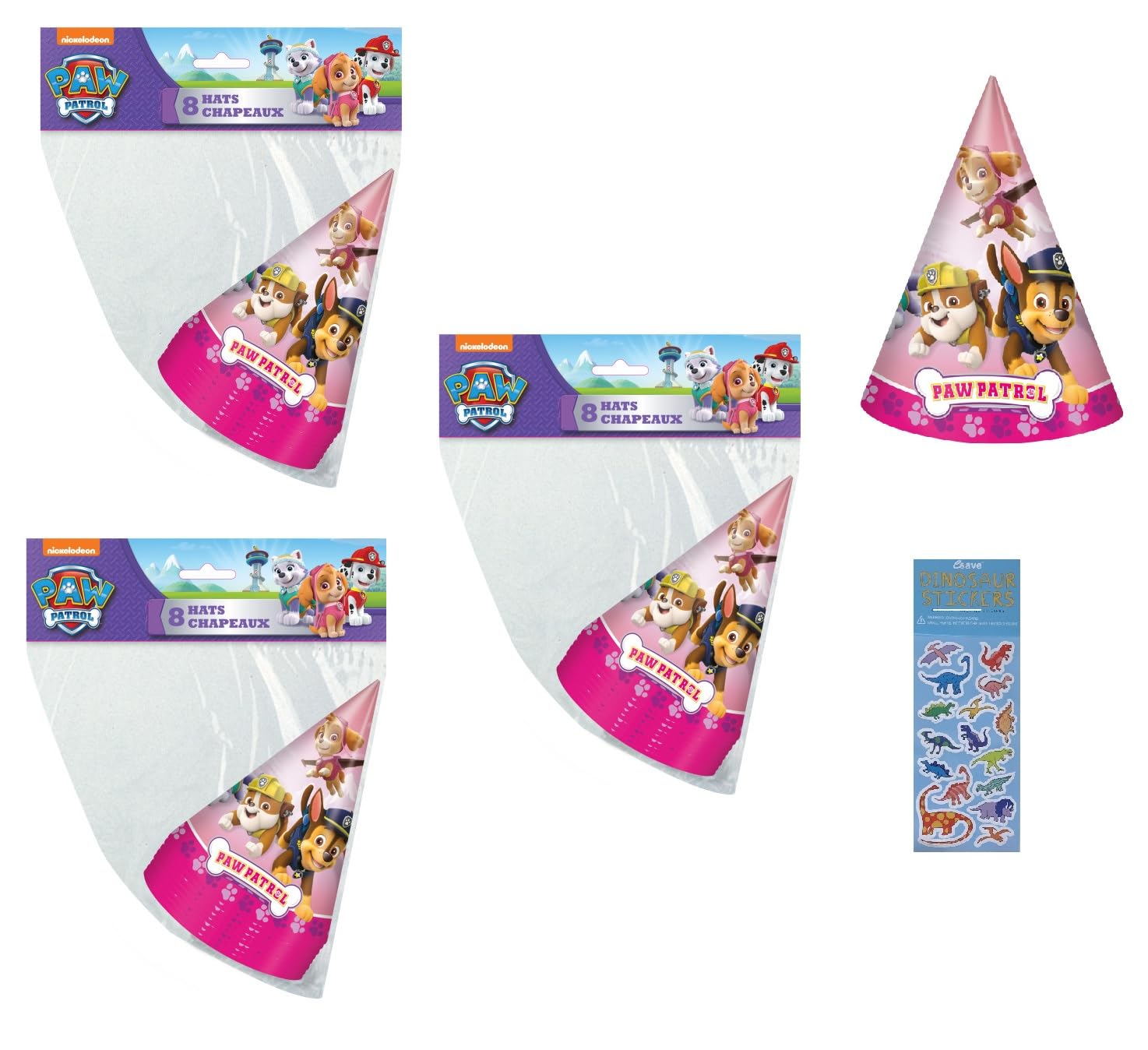 Unique Paw Patrol Girl Pink Birthday Party Supplies Bundle enthält 24 Party-Papierhüte und 1 Dinosaurier-Aufkleberbogen