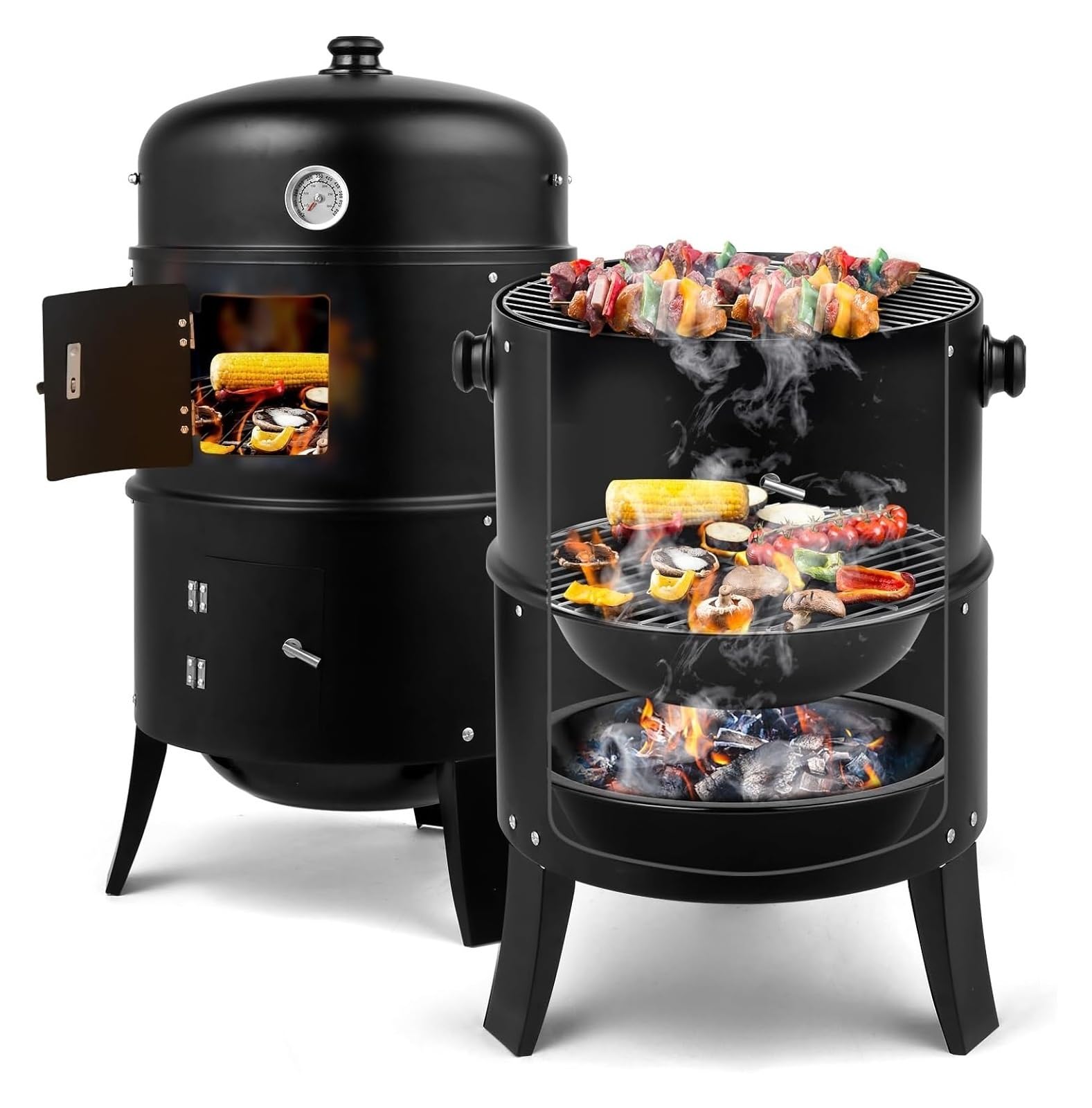Barbecue portatile 3 in 1 a carbonella, 81,3 cm, affumicatore verticale per esterni, con termometro integrato e ganci, griglie a carbone con affumicatore per carne, per cucinare all'aperto, grigliare,