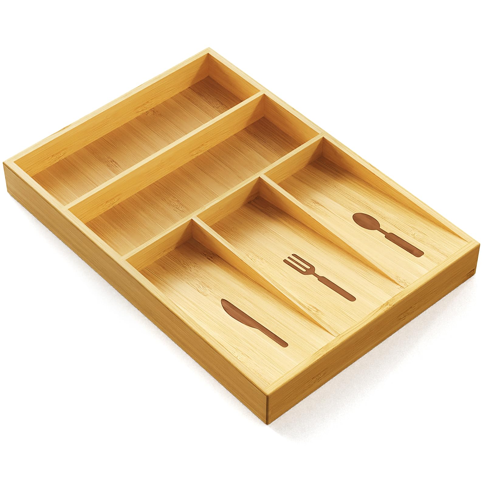 Bamboo Kitchen Drawer Organizer for Silverware, 14.7'' X 10'' Utensil Holder with 5 Solts for Flatware, Bamboo Drawer Dividers Organizer for Kitchen Utensil