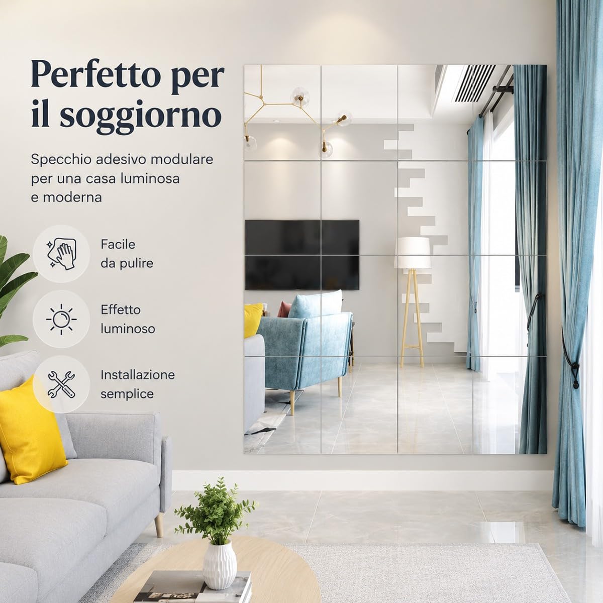Specchio da Pavimento Grande a Figura Intera 4 Pezzi 30x30cm, Specchio Palestra Adesivo Anti-Rottura Ultraleggero Moderno per Casa, Palestra e Yoga
