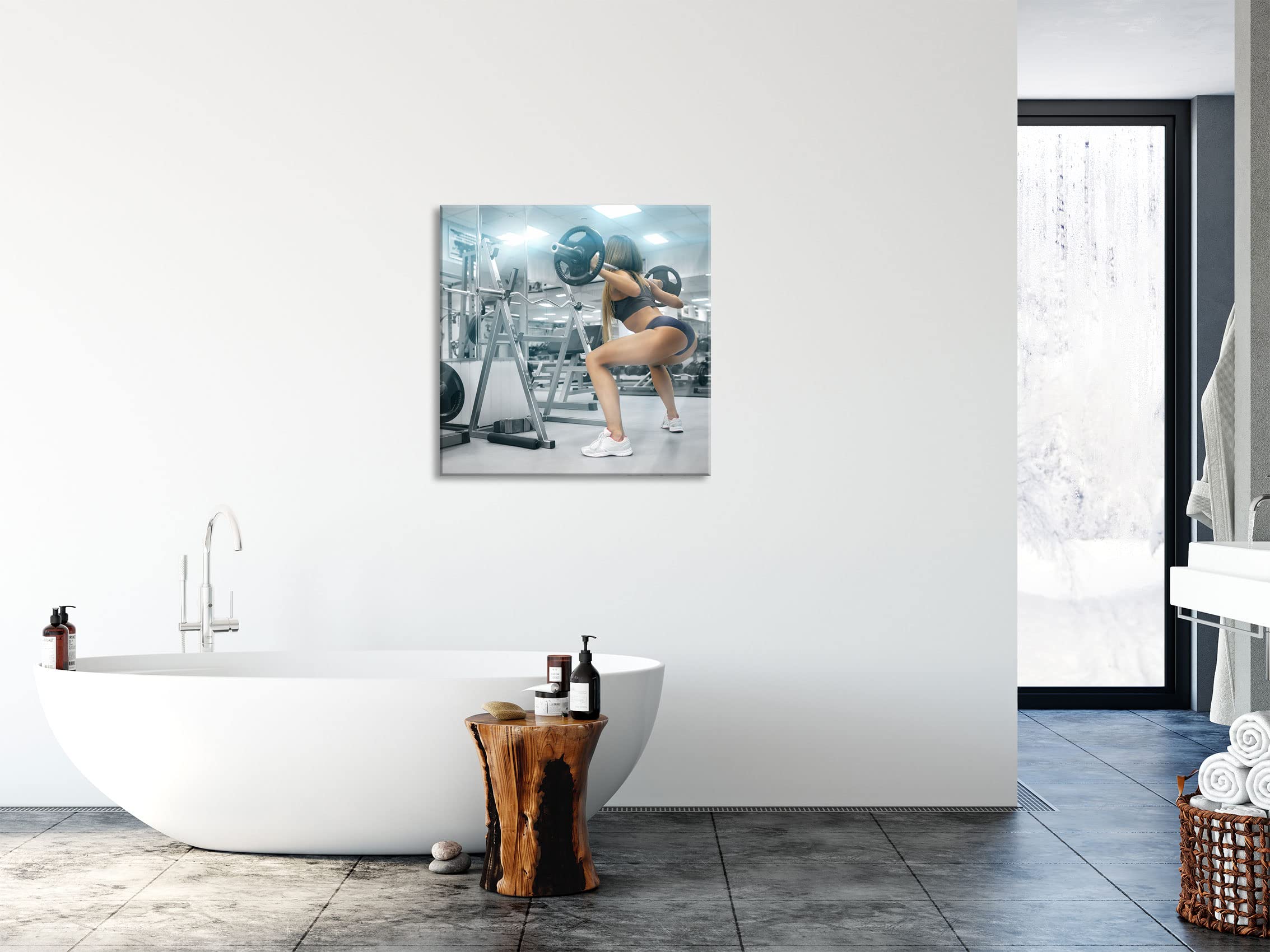 Pixxprint Tableau en verre - Décoration murale sur verre véritable - Femme sportive avec barre d'haltère - 70 x 70 cm - Avec suspension et entretoises