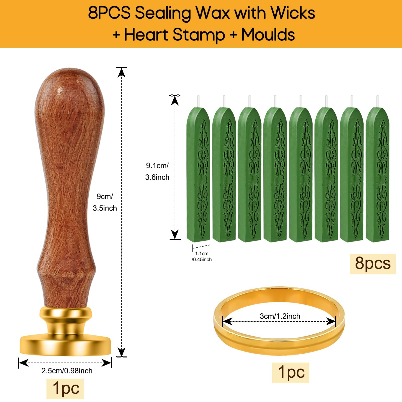 Furuising 8Pcs Wax Seal Stamp Kit, Green Sealing Wax Sticks with Wicks Kit with Heart Stamp - Image 2