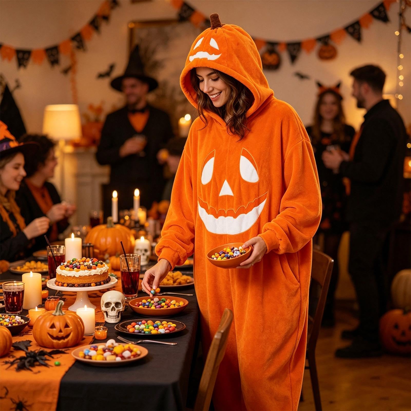Halloweenowy kombinezon z kapturem pluszowy miękki cosplay Halloween zabawny | Bluza z kapturem kostium koc jednoczęściowy na zimę jesień dom na co dzień noc przyjęcie urodzinowe spotkanie wydarzenie