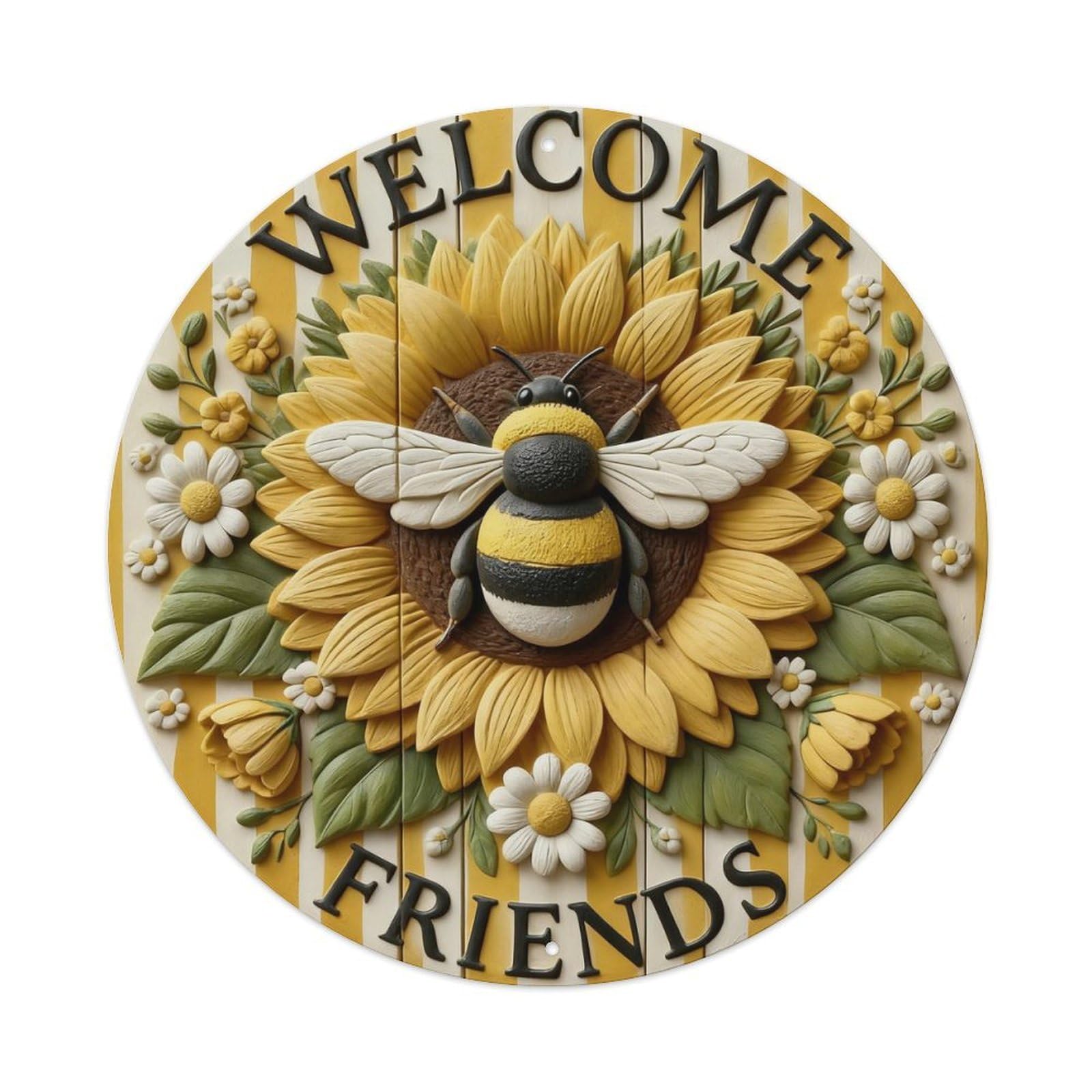 Zlatcbu Vintage Sunflower Bee Welcome Friends Pattern Print Metal Tin Sign Retro Wall Art Poster, Decor For Home Living Room Bar Cafe Garage, 8X8 Inch