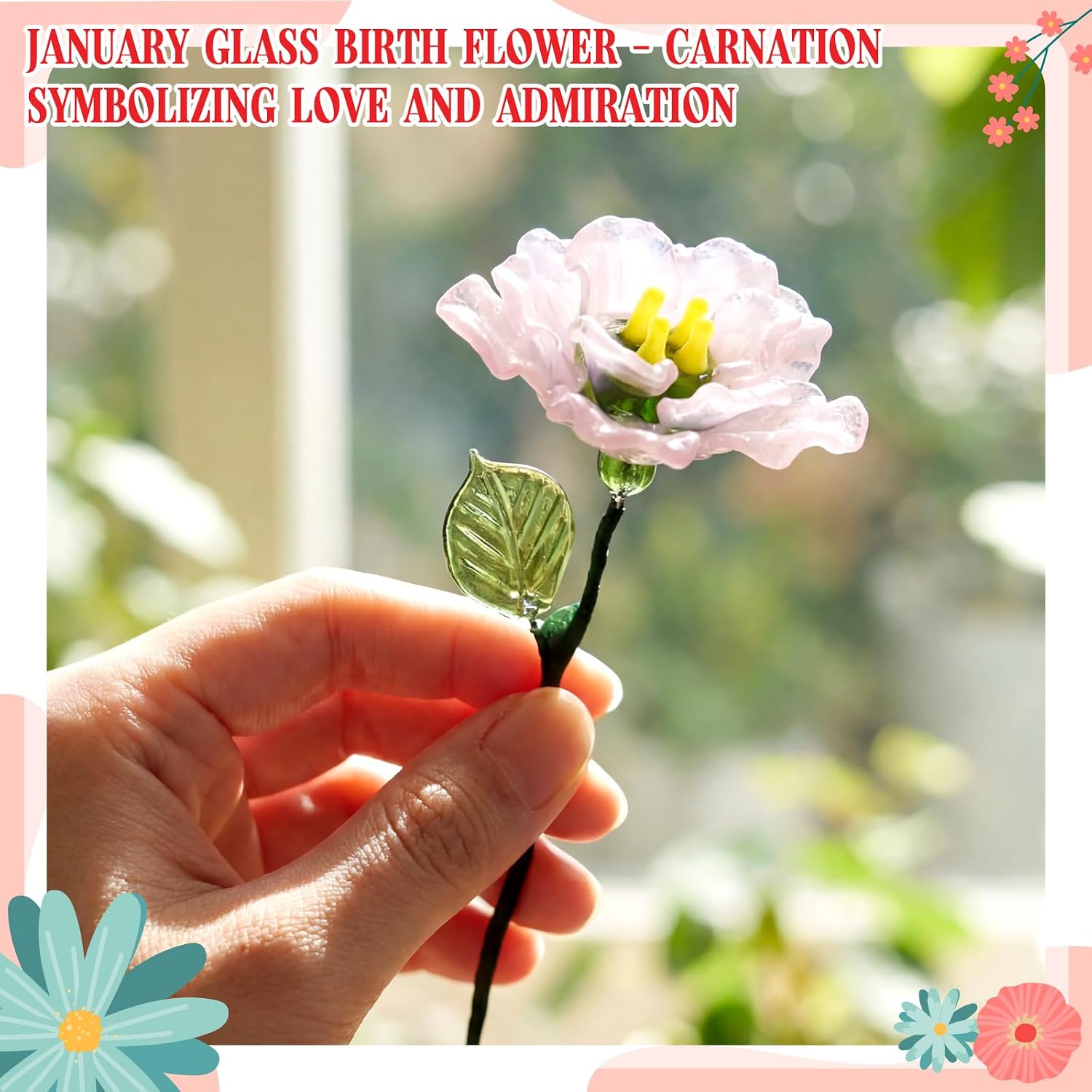 Miniature Glass Flower Small Mini Birth Month Flower with Stem Birthday Gift for Women Mom Mother's Day Wedding Gifts Office Home Table Centerpiece, Vase is Not Included(1 Pcs,Carnation) image 2