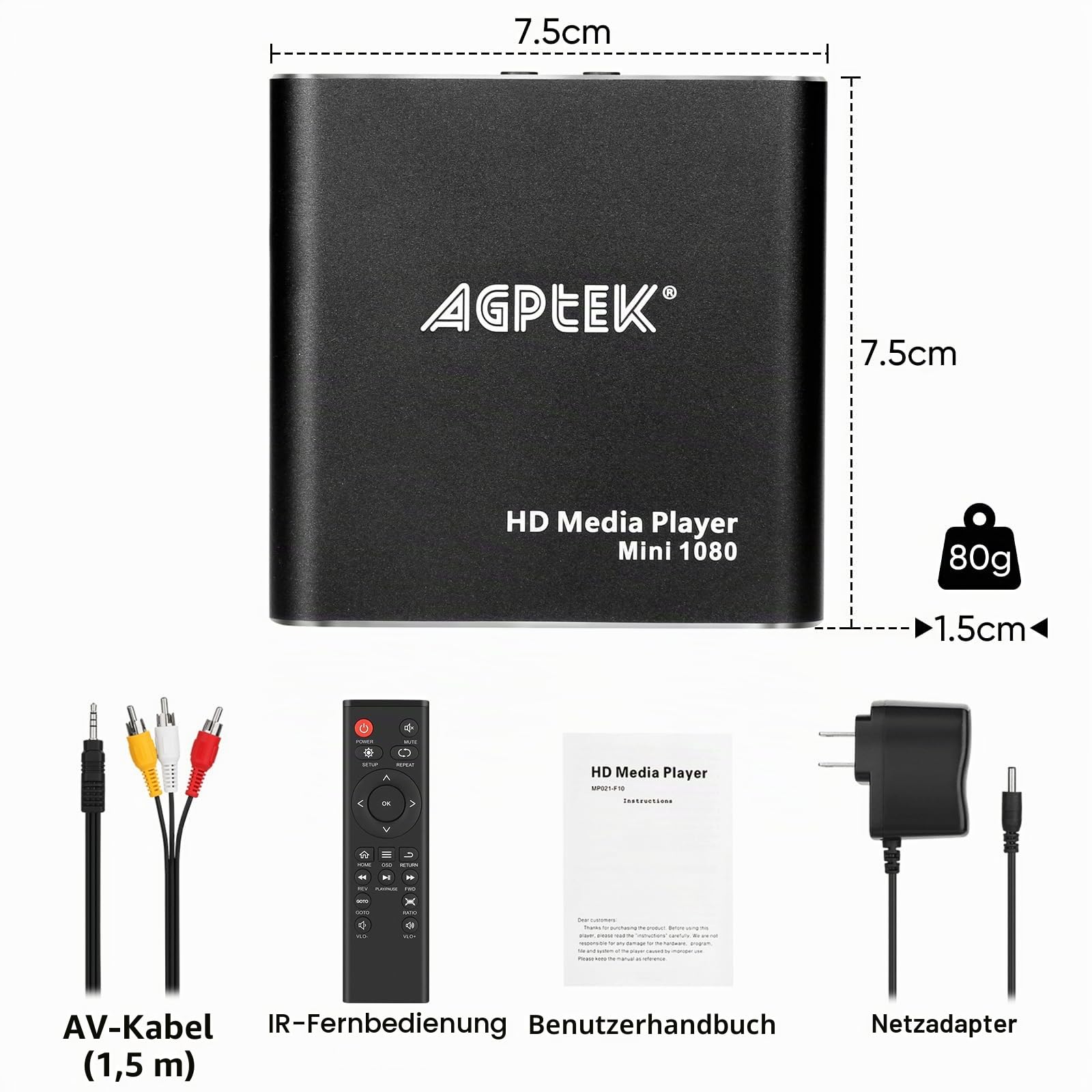 AGPTEK Mini 1080P Full HD Digital Mediaplayer Medienspieler Medienspieler mit Fernbedienung für MP3, WMA, OGG, AAC, FLAC, APE, AC3, DTS, ATRA