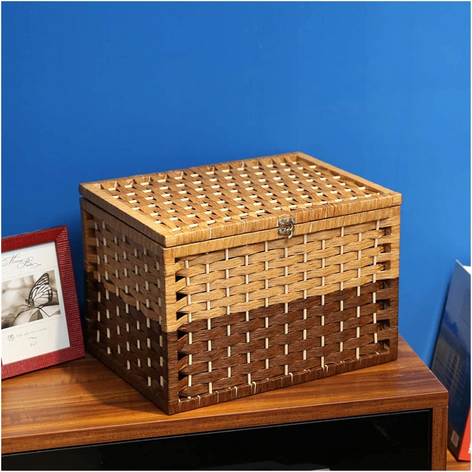 Hand Woven Wicker Basket With Lid Home Office Storage Box Knitted Desktop Makeup Storage Box Home Decoration Storage Basket Qf shop (Color : Pink and beige Size : 40x30x27cm) (Orange With Strip image 5