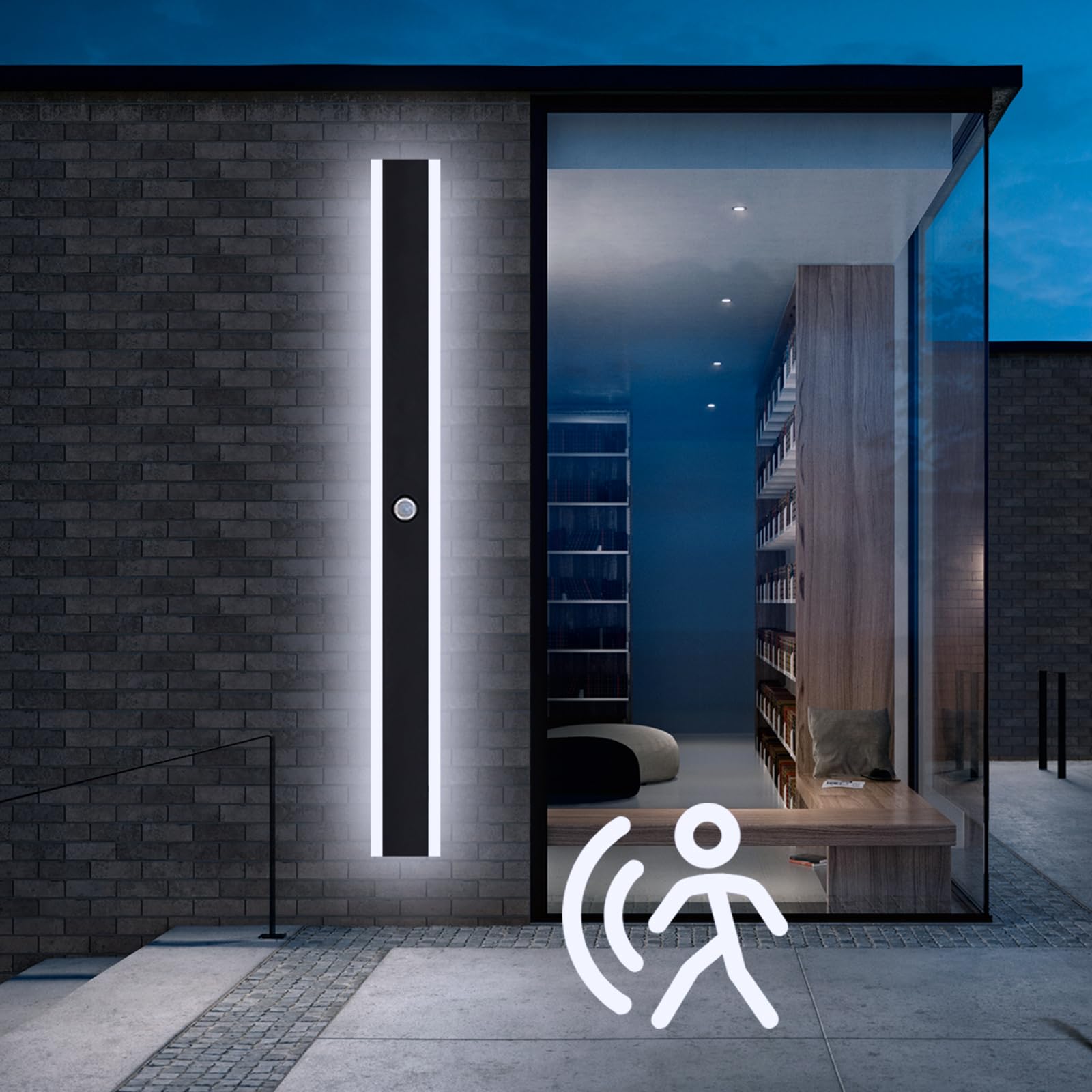 150CM Longue Applique Murale Detecteur de Mouvement Extérieur LED Lampe Mural Étanche Noir 48W Moderne Luminaire de Mur Éclairage pour Patio Villa Terrasse, 6000K Blanc Froid