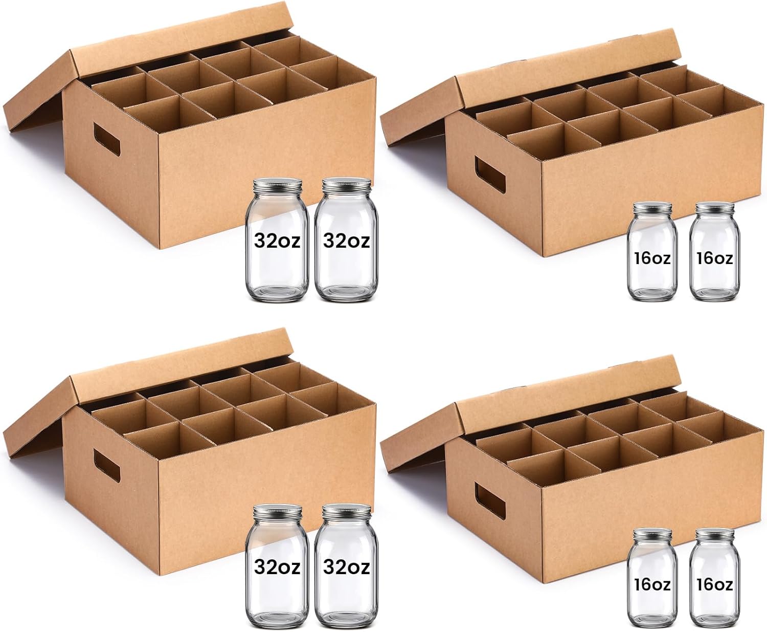 4 Sets Mason Jar Storage Box Fits 16 oz and 32 oz Regular or Wide Mouth Jars Mason Jar Storage Containers with Handles and Dividers 12 Cells Cardboard Can Stack for Moving Home Supplies