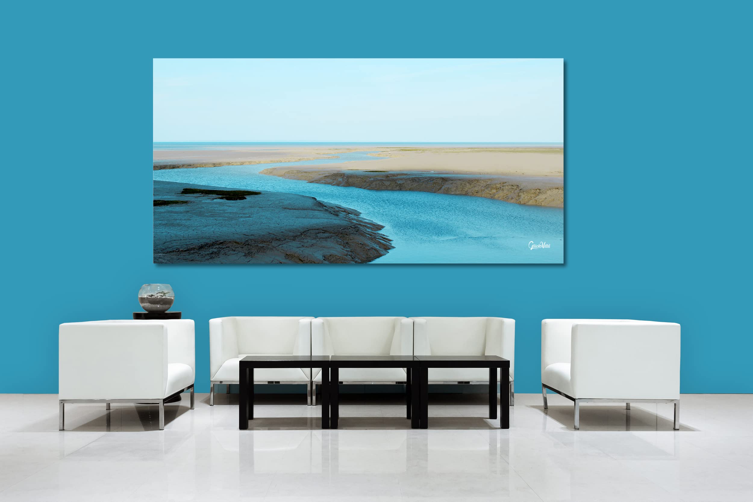 Glücksvilla - Wasserwege am Meer (Leinwand-Bild 2 cm, 160 x 80 cm) | div. Maße - aus DE - Kunstdruck Deko Wandbild quer - Frankreich Bretagne Atlantik Priel Siele Ebbe Flut Küste maritim türkis