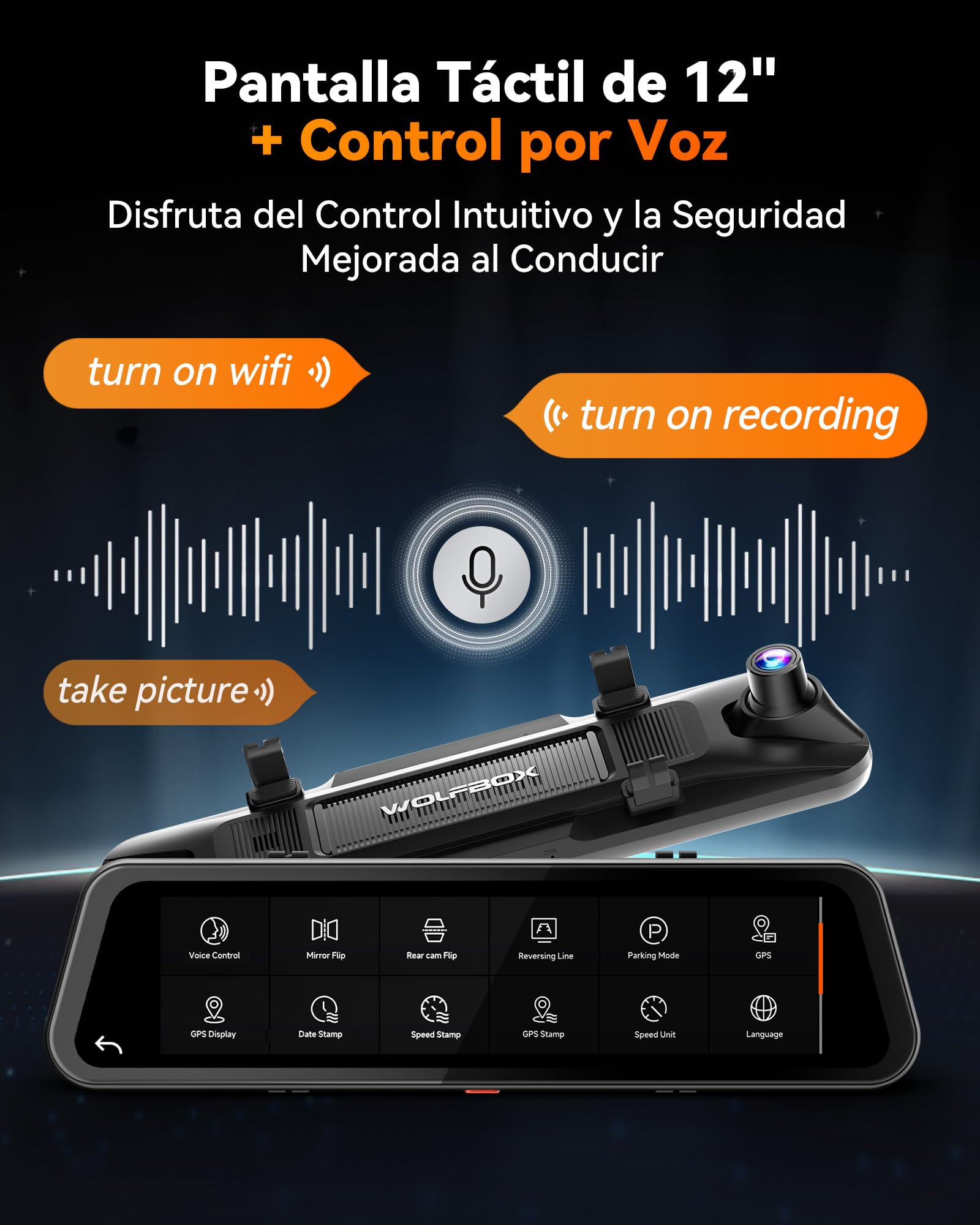 WOLFBOX G900 Tripro Parachoques 3 Canales 4K Espejo de cámara trasera STARVIS 2 IMX678, 4K+2.5K+1080P dashcam coche delantero trasero para parachoques, 5.8 GHz WiFi, control por voz, tarjeta de 256 GB