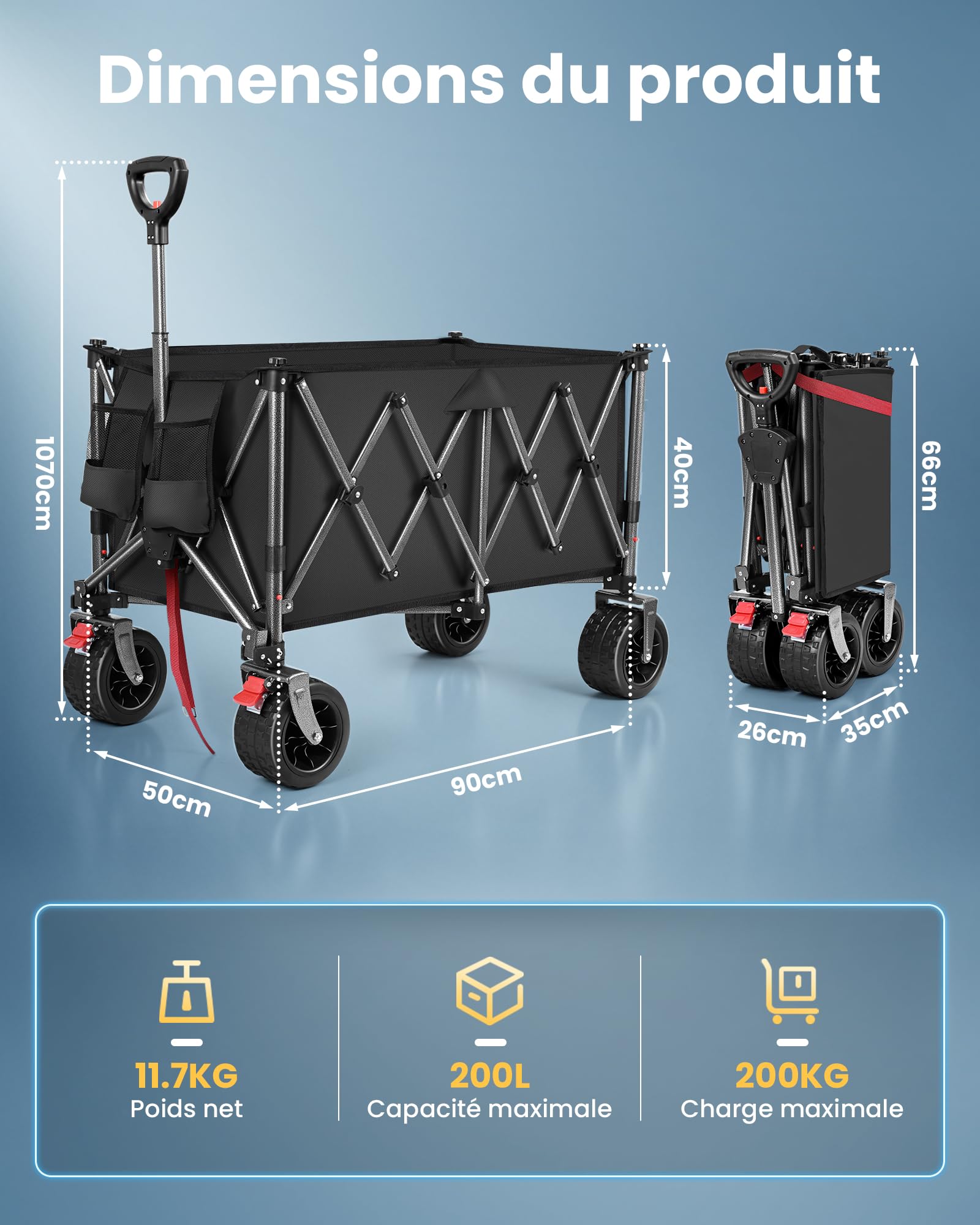YEAUPE PRO Chariot Transport Pliable 200L 200KG, Chariot de Plage Pliable Roues tout-terrain17x10 cm. Freins Doubles, Pliage Compact. Idéal pour Les plages, Le Camping, Les activités de Plein air