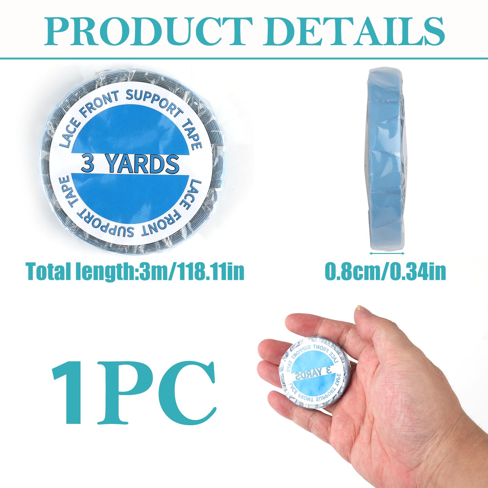 Cinta Adhesiva de Doble Cara Super Fuerte para Pelucas y Extensiones de Cabello, Encaje Frontal, Resistente al Agua, 1 cm x 3 Yardas, Ideal para Pelucas, Toupees y Extensiones de Cabello Humano