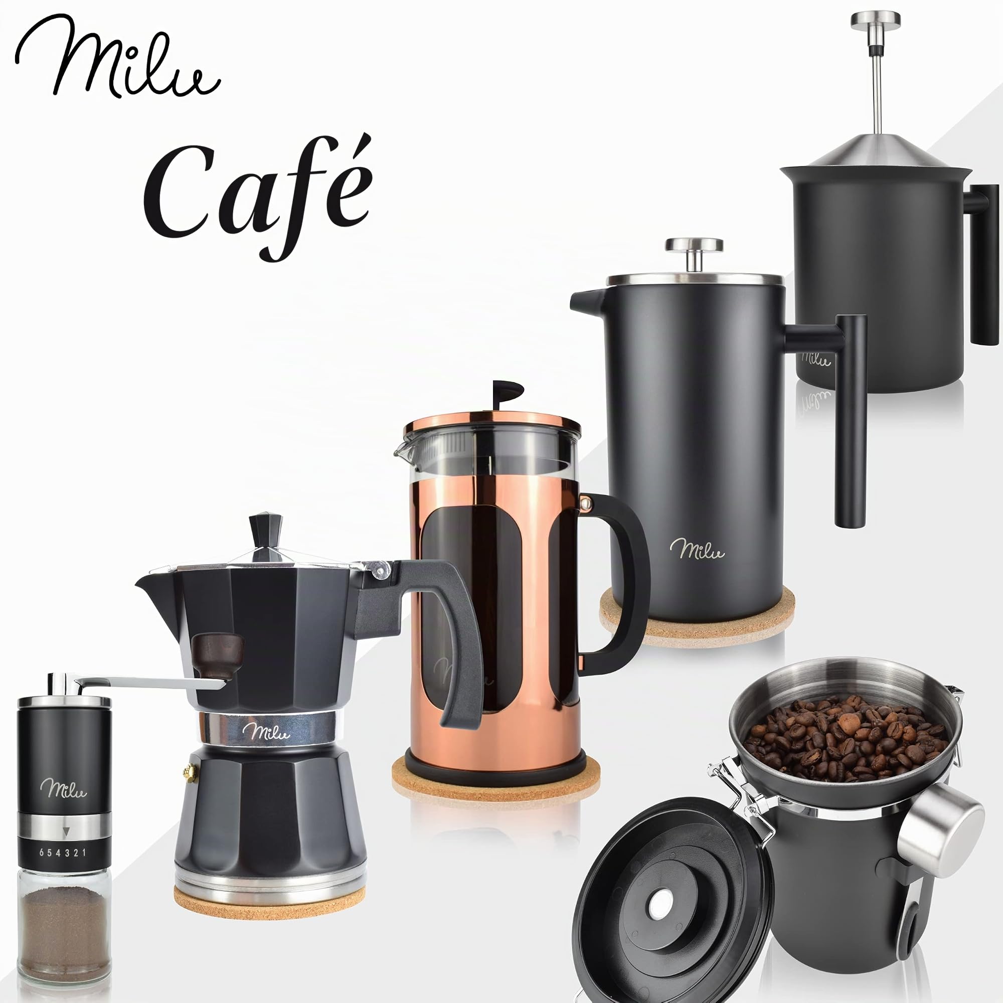 Milu Molinillo de café manual con molinillo de cerámica I Ajuste de molienda sin escalas I Molinillo de café expreso I - con cuchara y cepillo (Negro)