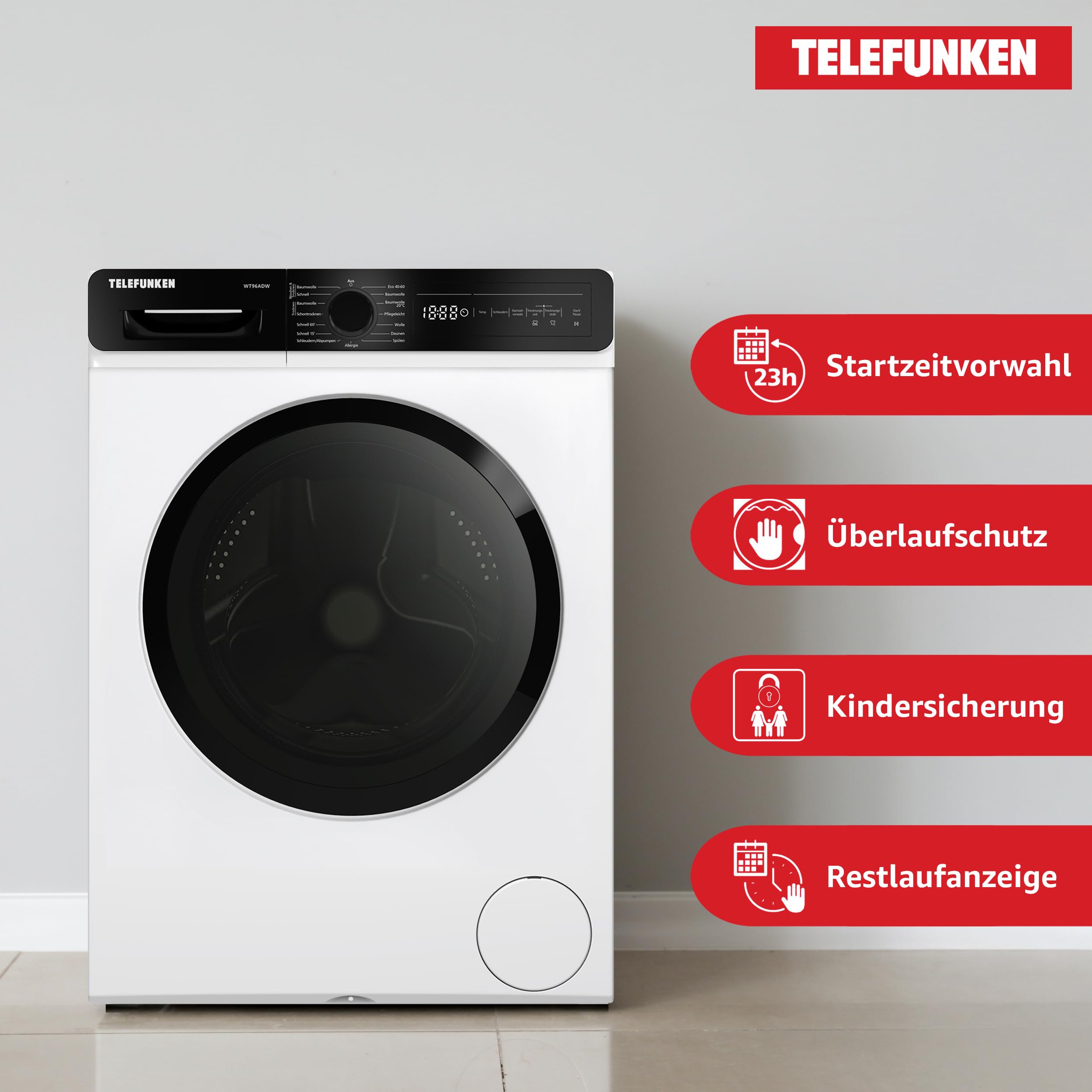 Telefunken Waschtrockner, 9 kg Waschen / 6 kg Trocknen, Waschmaschine mit Trockner integriert, 1400 U/Min, Frontlader Waschtrockner Kombi, Inverter Motor, AquaStop, Energiesparend, Weiß, WT96ADW