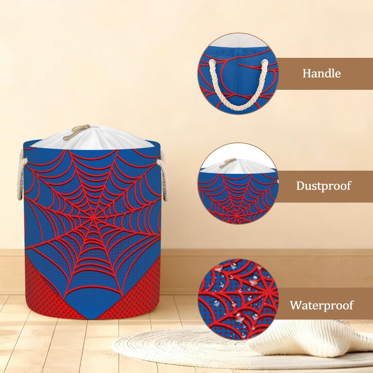 Blue Spider Web Laundry Hamper - 58L Collapsible Waterproof Large Tall Nursery Storage Baskets Bin for Kids Toys, Clothes, Bathroom, Boys Bedroom Comic Hero Decor, Gift Basket