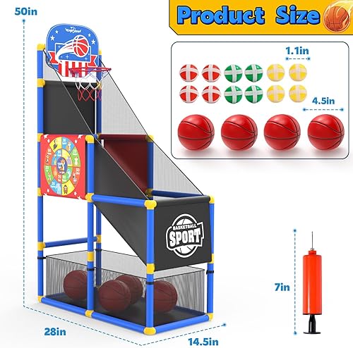 Vista 25 de Juego de baloncesto para niños con marcador electrónico y sonidos de alegría, aro de baloncesto para interiores y exteriores con 4 bolas, juguete